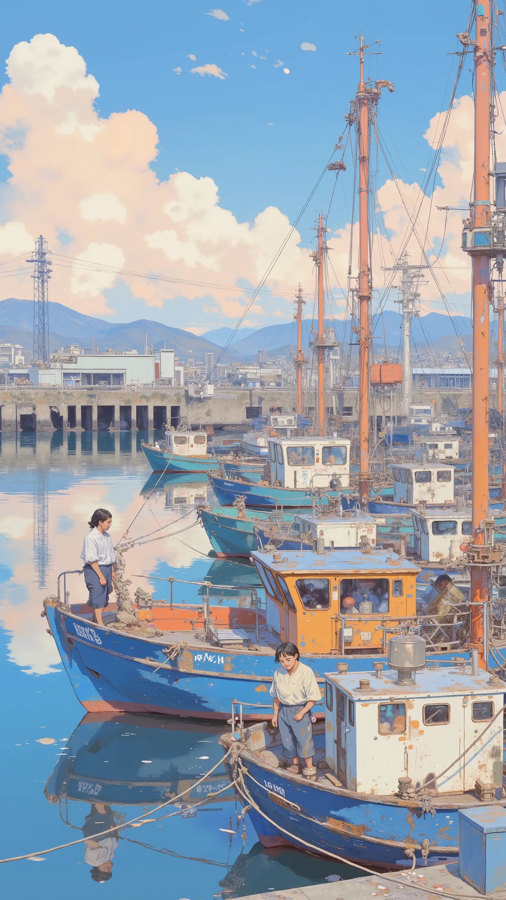 Lots of fishing boats calling at the port, by Kentaro Miura, big!!!!!!!!!!!!, slice of life anime, happy!!!, anime style”, official art, an retro anime image, by Hiroshi Arakawa, anime!!!!, FLCL