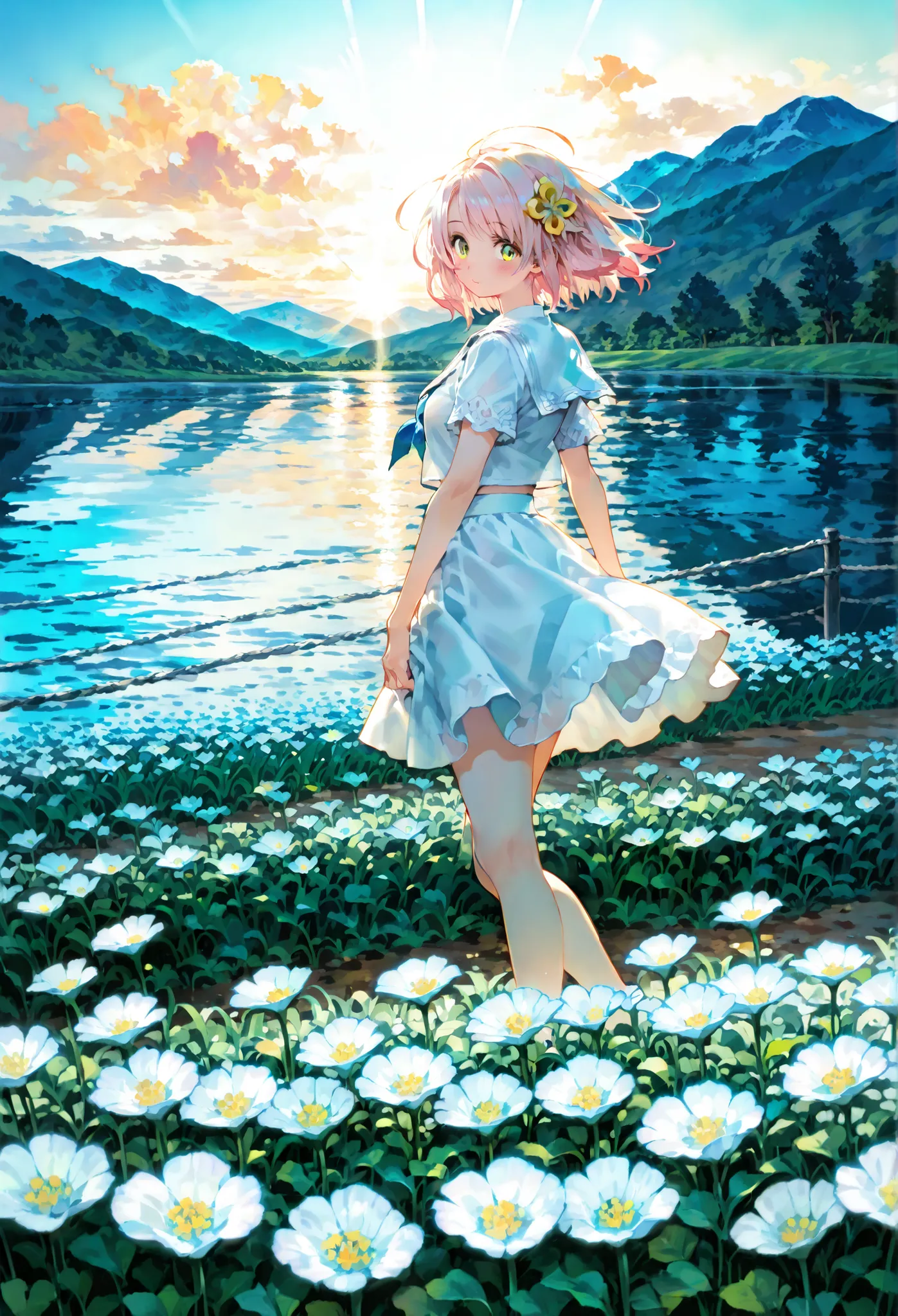 Dynamic lighting,HDR,Summer Skirts.The voice of cicadas and the skirt swaying in the wind.that inspiration is a summer crush.Charming and cute woman.Summer flower field.bright sunlight on a riverbank deep in the mountains.