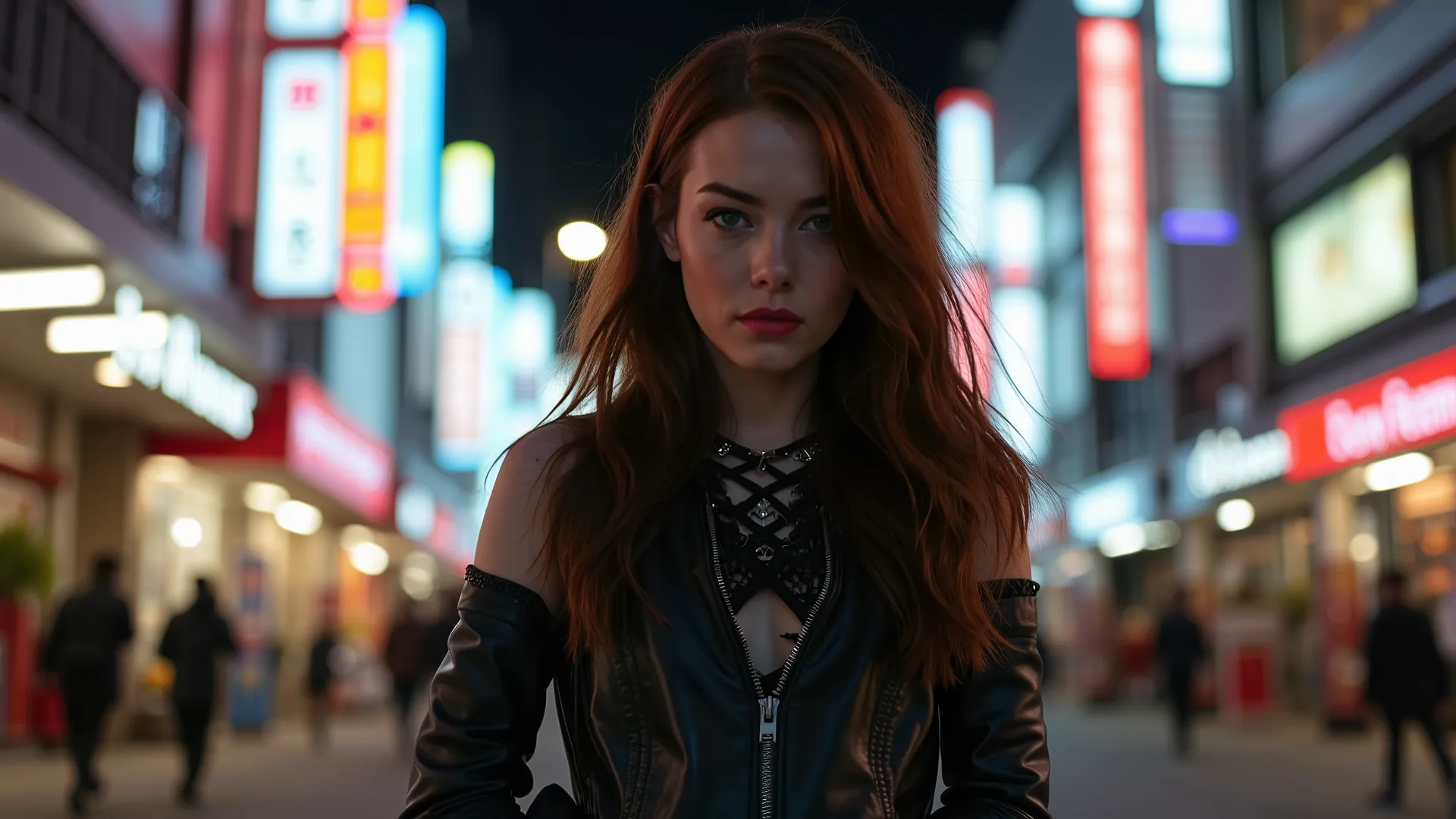 a photorealistic full body shot shot of A mysterious 3/4full body shot of a half Korean half irish woman in her 20’s, she has beautiful long hair and she is staring into the camera , she is wearing laces, she is wearing tight leather pants , rock and roll ...