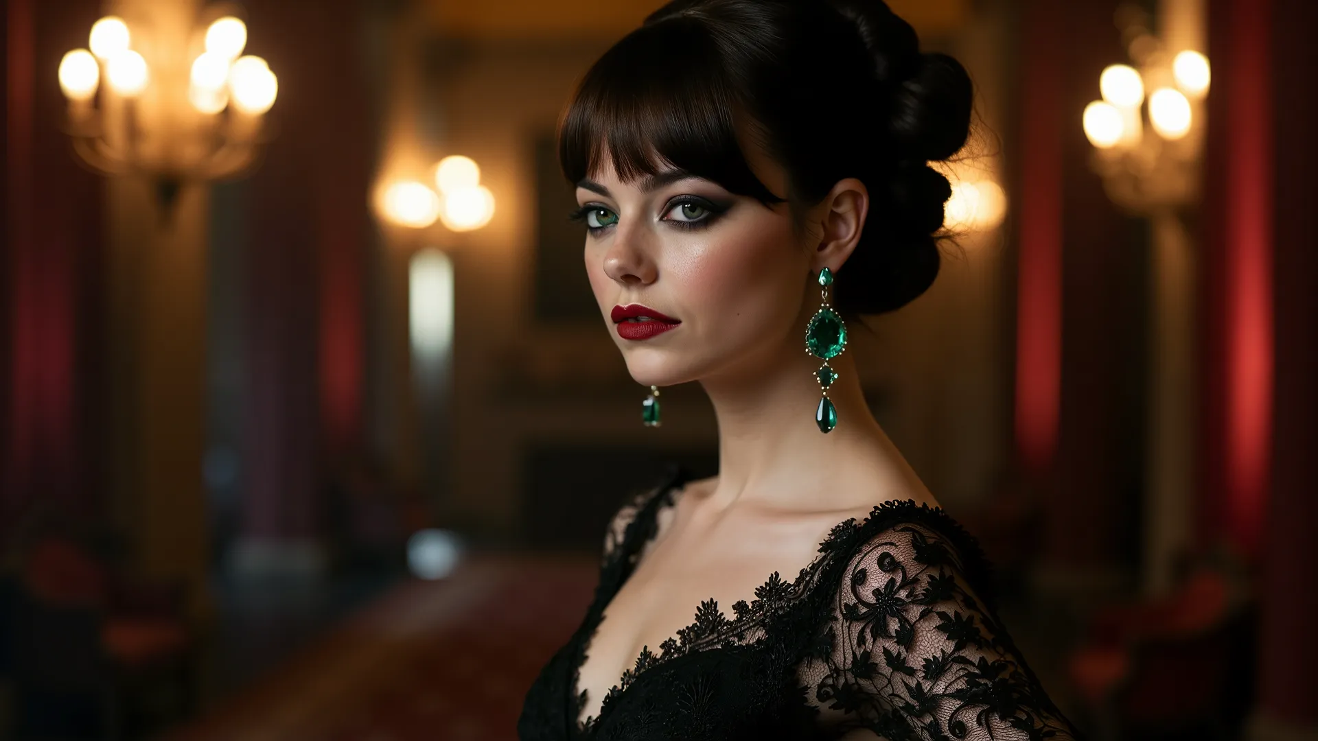 A mesmerizing young woman in an exquisite black lace evening gown, radiating gothic elegance and dark luxury. The dress is a masterpiece, clinging to her slender frame, its intricate lace patterns subtly revealing her porcelain-pale skin, with delicate det...