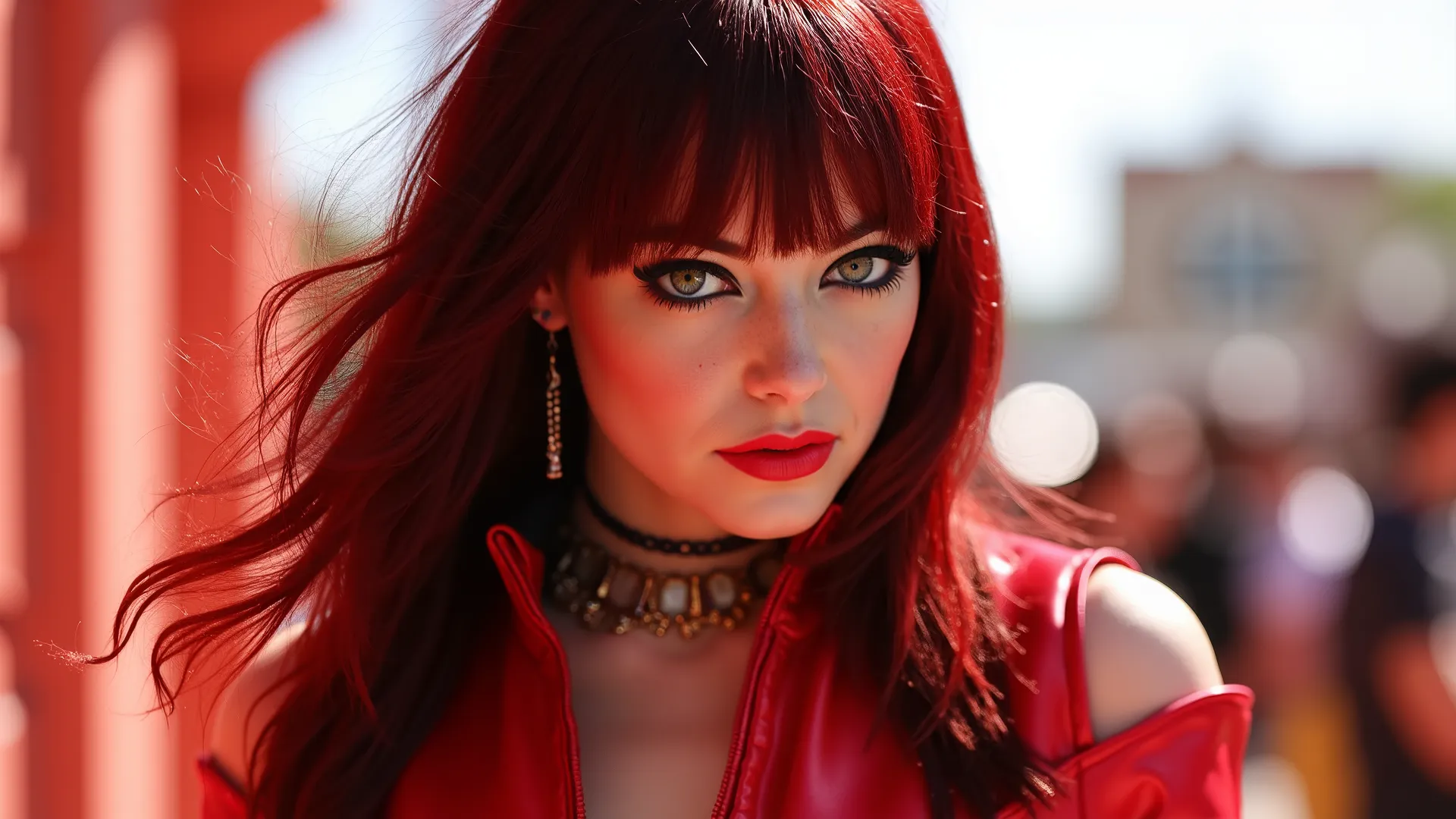 A daylight, Bloodrayne A mesmerizing and bold woman with cinematic flair, exuding confidence in glamorous outfits. electro music vibe, in a daylight,
