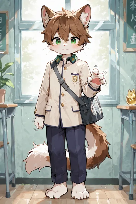top quality, Artistic Gem, Ultra High Definition Description Cat Beast Boy Wearing Student Uniform, kemonomimi, young male kemono, School Uniform Character Basics:
- 12 year old cat animal man boy
- Brown and white mottled coat
- bright green eyes(emerald ...