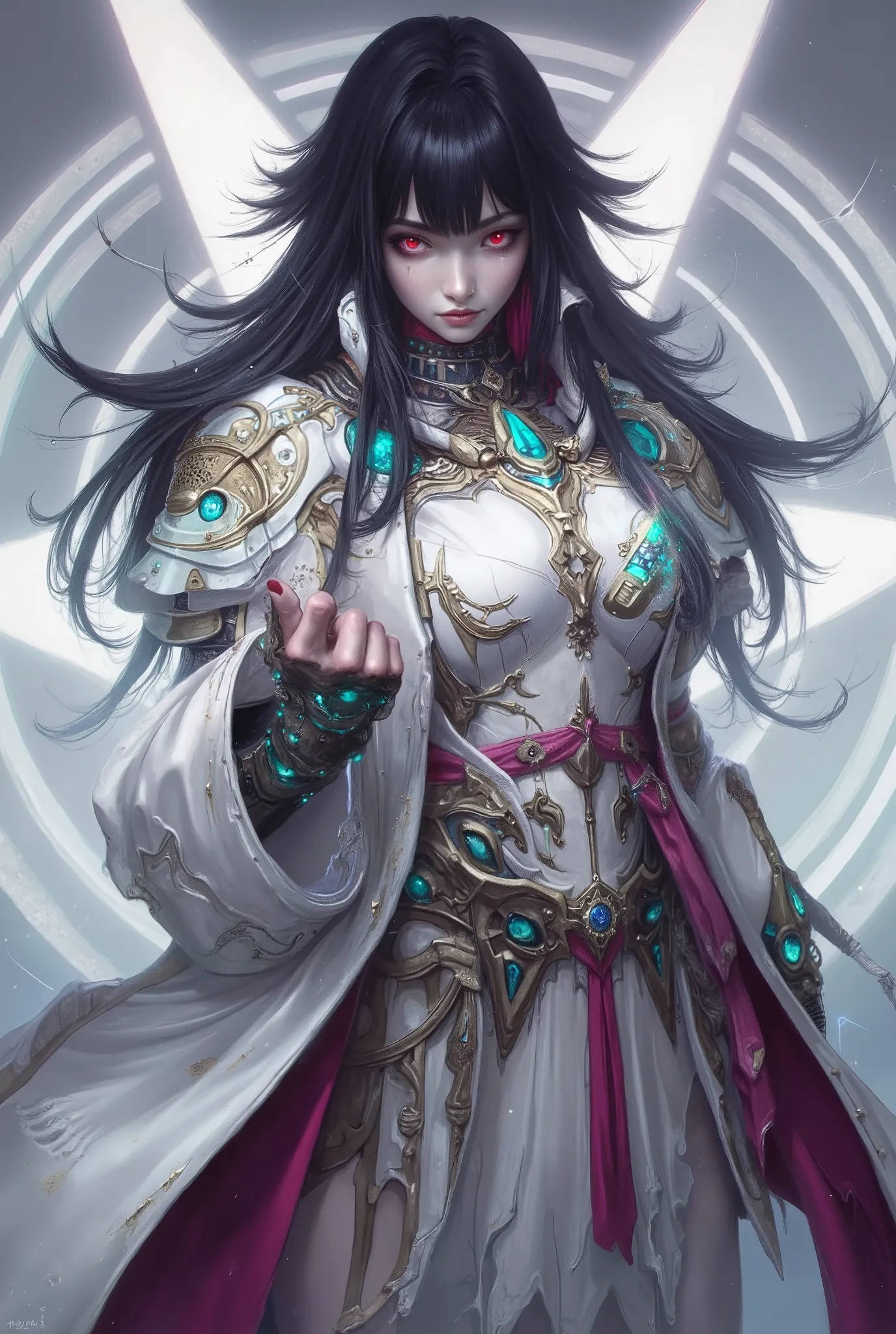 She's striking a bold attacking pose, neon colored, (Best Quality , 4K , 8K , High Resolution , Masterpiece: 1 . 2) , (Super Detailed , Realistic , Photorealistic:1 . 37), A mystical female figure with jet black hair and glowing red eyes, wearing an elegan...