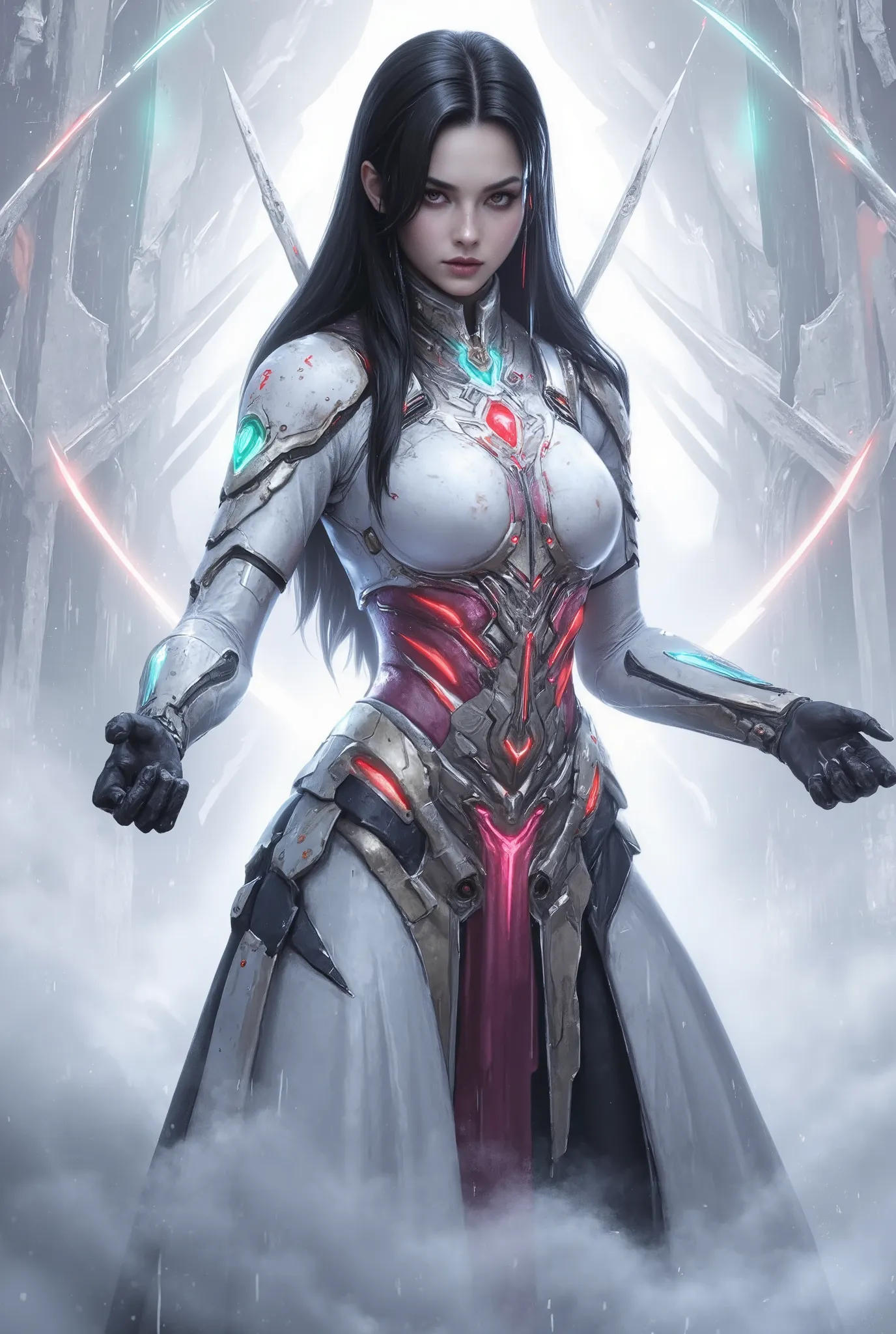 She's striking a bold attacking pose, neon colored, (Best Quality , 4K , 8K , High Resolution , Masterpiece: 1 . 2) , (Super Detailed , Realistic , Photorealistic:1 . 37), A mystical female figure with jet black hair and glowing red eyes, wearing an elegan...