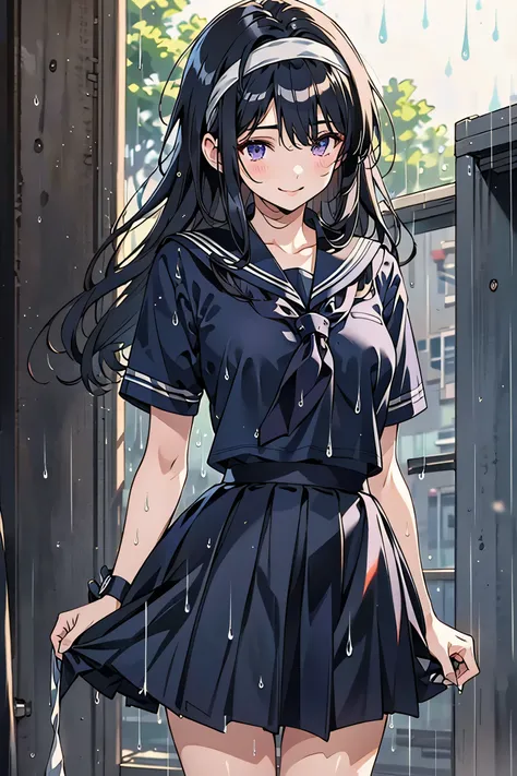 (very detailedCG Unity 8K), (top quality),(very detailed),(Ultra High Resolution), 8-headed body, Slender Body, wet dark hair, short sleeve navy sailor suit, anime 2D rendering, Realistic young high school girl, (headband:1.4), PURPLE EYES, small tits, ta...