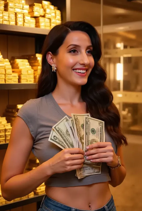 A happy, beautiful young woman wearing a casual t-shirt, smiling brightly as she holds a thick bundle of cash in both hands. Behind her is a large shelf filled with neatly stacked gold bars, glowing under warm lighting. The atmosphere conveys joy, wealth, ...