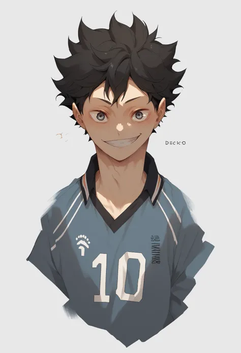 Half-bodied character Hinata from haikyuu, black hair with a penetrating look and an imposing smile , he is holding the volleyball with impact, uniforme desgastado, In the background and around it there are crows, symbols, anime-style fanart digital qualit...