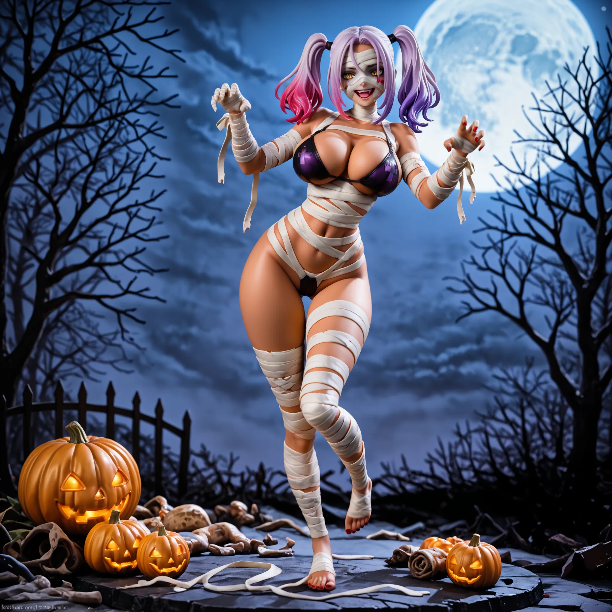 1girl, solo, Harley Quinn, purple hair, yellow eyes, dark-skinned female, >:d, large breasts, wide hips, curvy, mummy costume, bandages, halloween, halloween costume, bandaged arm, bandage on face, zombie pose, dramatic pose,  full moon, sexy pose, seducti...