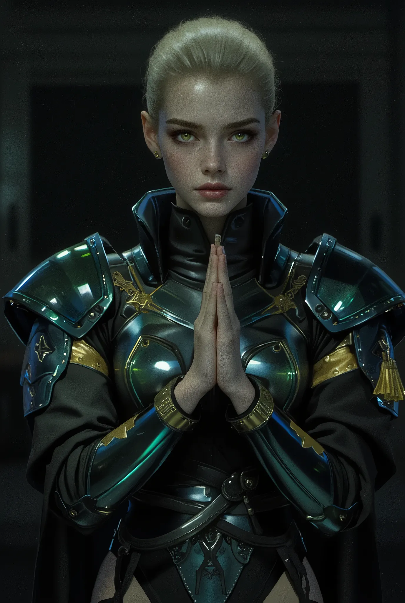 mysterious and beautiful female humanoid creature with glowing green eyes embedded in its iridescent armor, her hands are clasped together as if in prayer, elegant futuristic kimono with gold accents, monochrome color scheme, dramatic studio lighting, ultr...