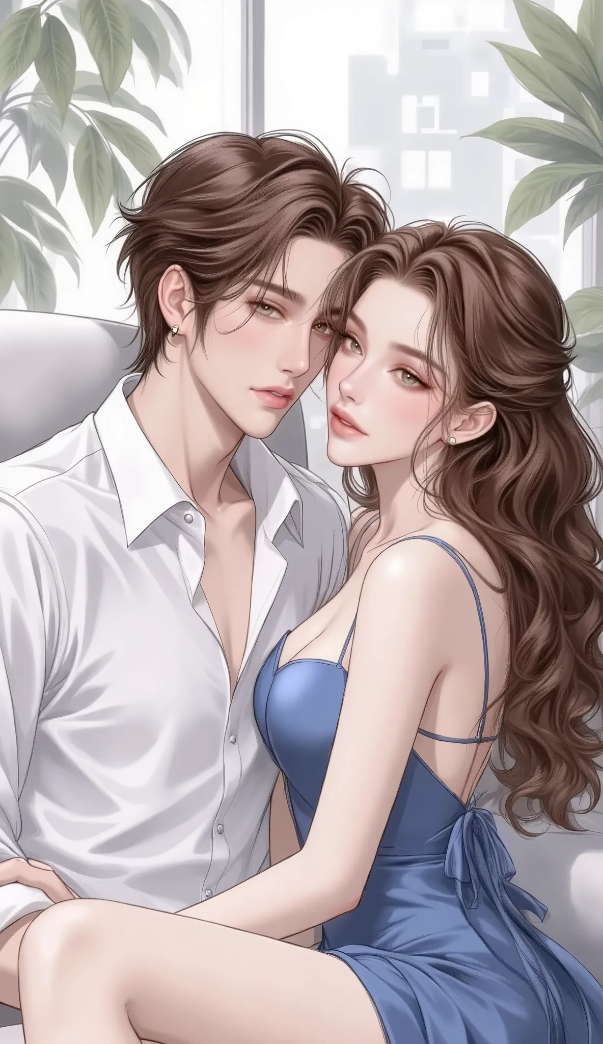     couple ,handsome guy,beautiful girl, current , ผมสีดำ, black eyes, wearing a white shirt, sofaสีขาวสวนแบบไม่มีปุ่ม, beautiful girlน่ารัก ,  Dark Brown Long Hair ,   Wear a blue dress  , The girl lies on her shoulders lightly ,window, office,sofa,of bri...