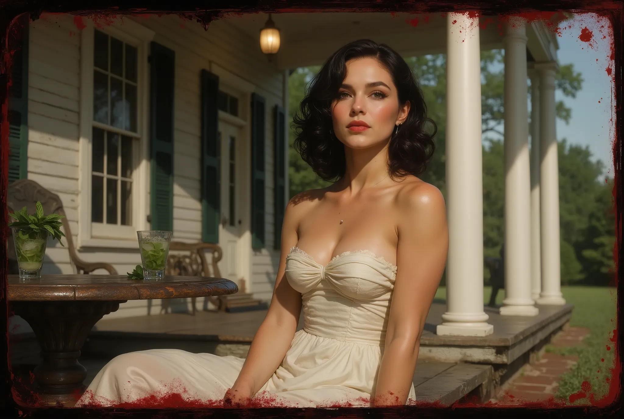 an alluring southern belle, looks like Elizabeth Taylor or Vivienne Leigh, on the porch of an old Antebellum mansion, wearing a cotton white summer dress, it is summer, she is hot and sweat and her dress sticks to her humid skin, wavy black hair, mint jule...