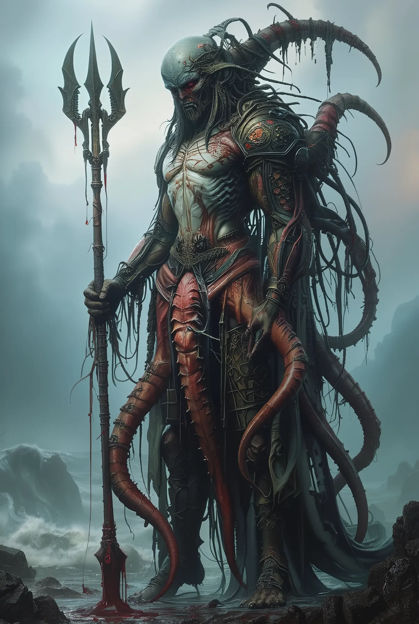 neon colored, (photos realistic:1.7), eldritch god of the deep sea, Cthulhu-inspired Poseidon, muscular humanoid with pallid, water-worn skin, wearing ancient oceanic armor with crustacean motifs, tentacles flowing from waist and back, holding a trident dr...