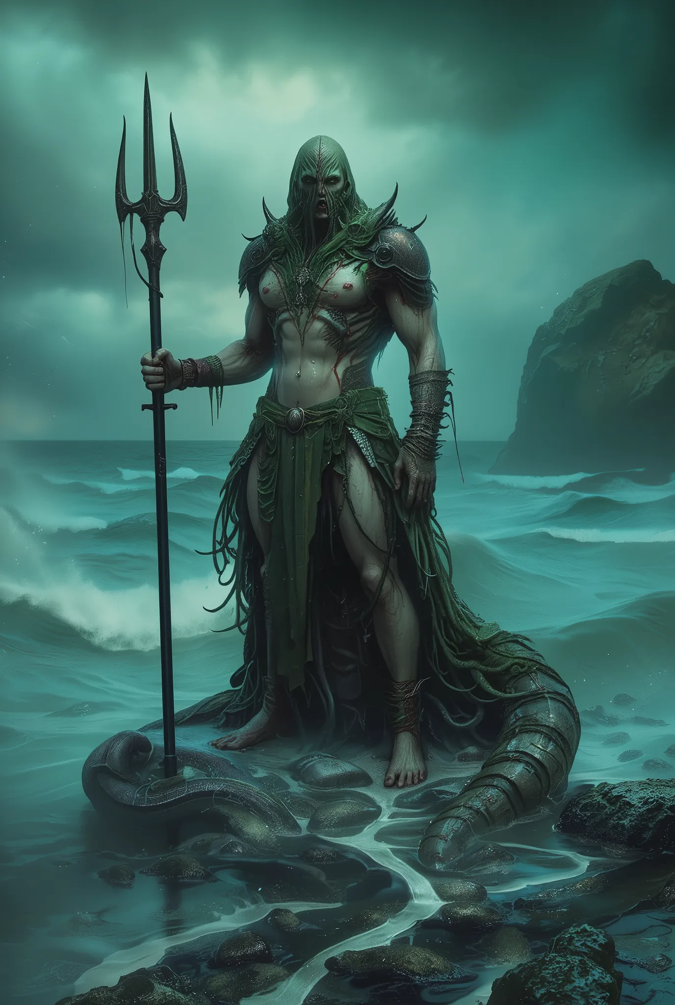 neon colored, (photos realistic:1.7), eldritch god of the deep sea, Cthulhu-inspired Poseidon, muscular humanoid with pallid, water-worn skin, wearing ancient oceanic armor with crustacean motifs, tentacles flowing from waist and back, holding a trident dr...