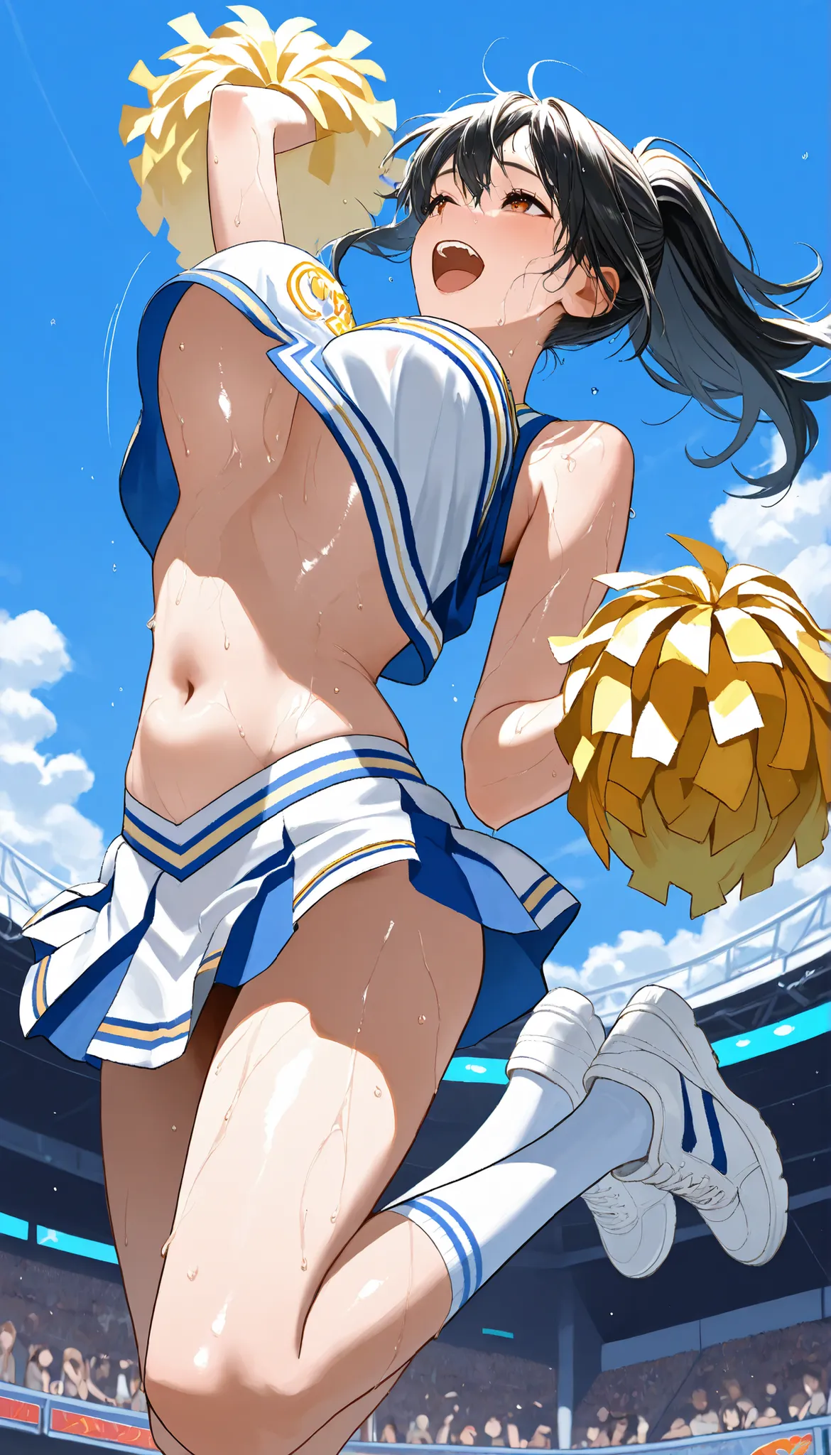 score_9,masterpiece, top quality, (big and firm girl:1.4), (very detailed)、from below、(very detailed face),  Bouncing Breasts, ), (black ponytail), (Cheerleader, miniskirt), (jumping, Upper arms, full body),(side), belly button, (perfect body), Seductive B...