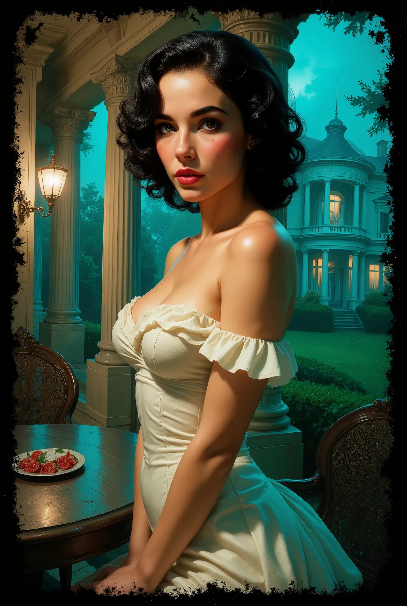 an alluring southern belle, looks like Elizabeth Taylor or Vivienne Leigh, on the porch of an old Antebellum mansion, wearing a cotton white summer dress, it is summer, she is hot and sweat and her dress sticks to her humid skin, wavy black hair, mint jule...