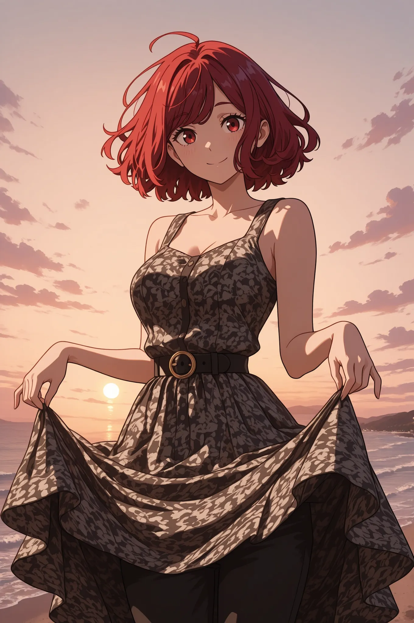 Beautiful Girl Lifting her skirt with both hands , peeks out a little smiling, under the skirt pants with a belt, summer translucent skirt, the light from the sun slips, near the river on the bank, beautiful trees, and a picnic, masterpiece, better quality...