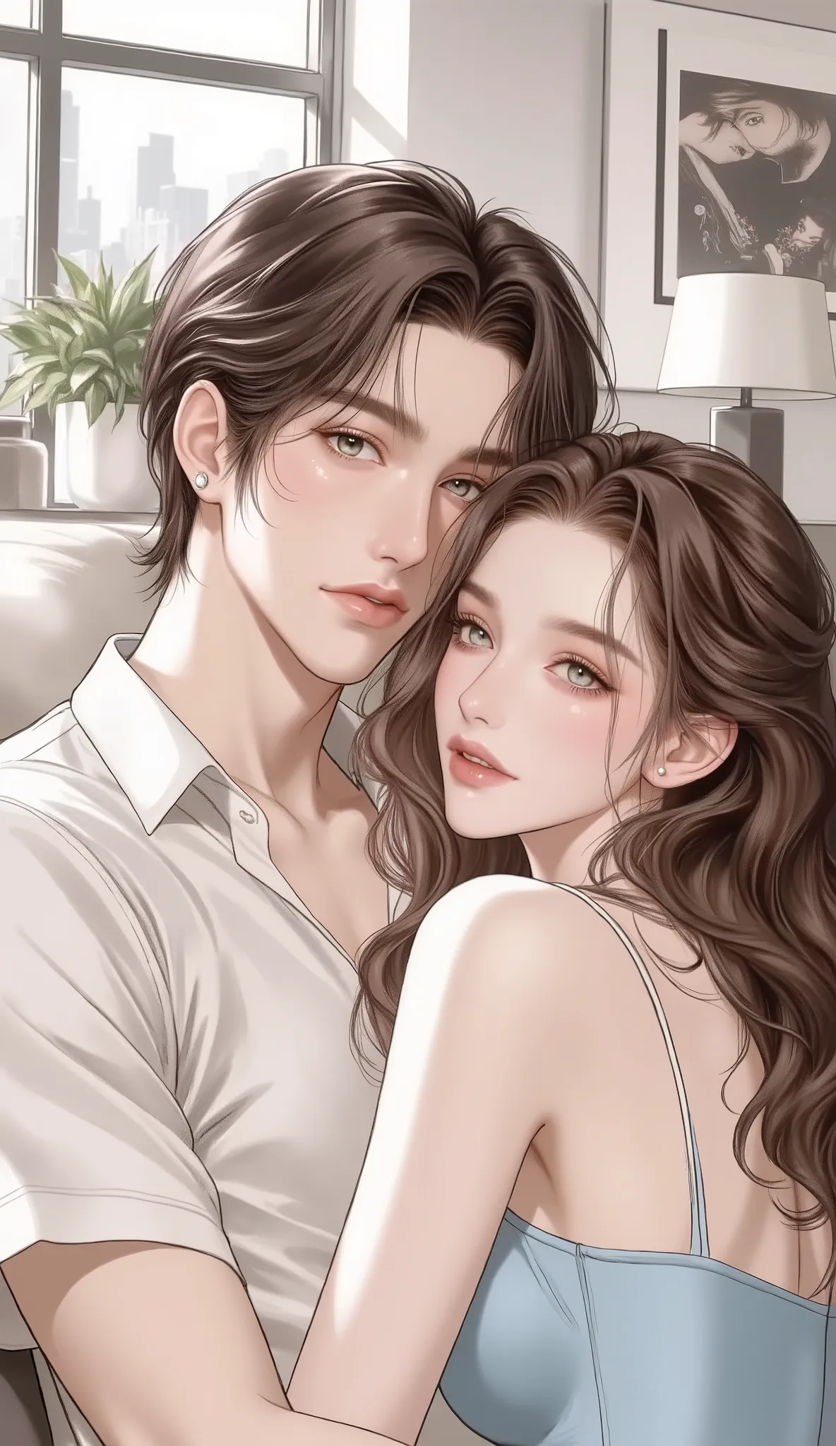     couple ,handsome guy,Cute girl, current , ผมสีดำ, black eyes, wearing a white shirt, sofaสีขาวสวนแบบไม่มีปุ่ม, Cute Pretty Girl ,  Dark Brown Long Hair ,   Wear a blue dress  , The girl lies on her shoulders lightly ,window, office,sofa,of bright color...