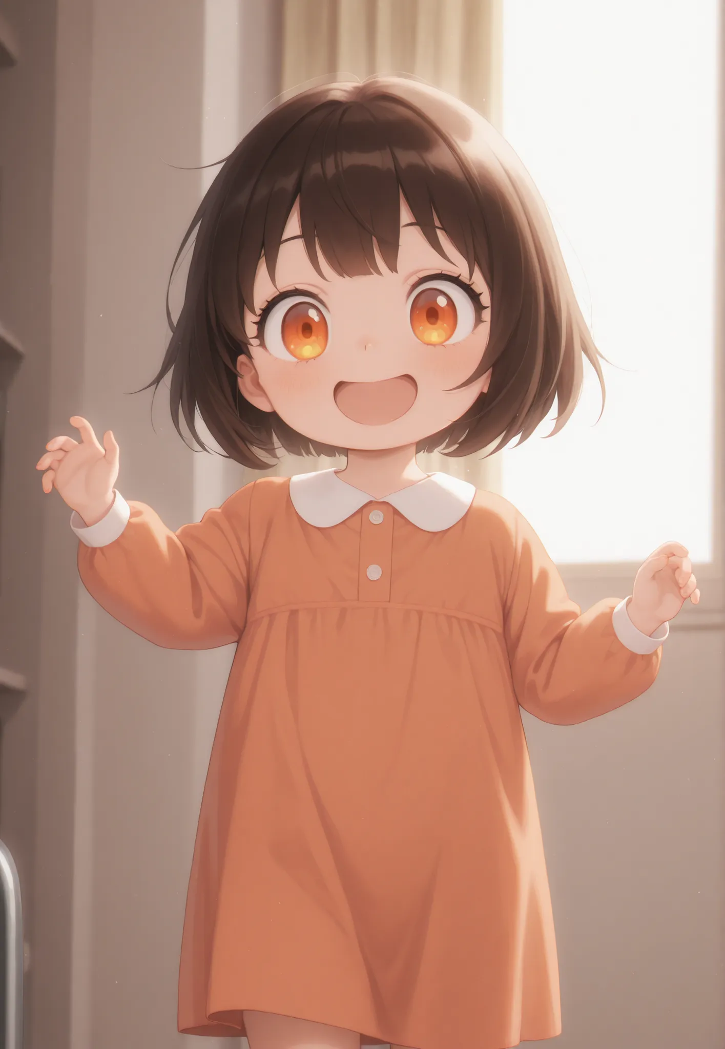 Masterpiece, better quality, newest, safe, good anatomy, good resolution, good lighting.  beautiful, anime, . Little girl, Dark Brown Hair and Short Hair. Intense Orange Eyes, happy and excited. black eyelashes, piel clara. Adorable 6-8 month old baby. loo...