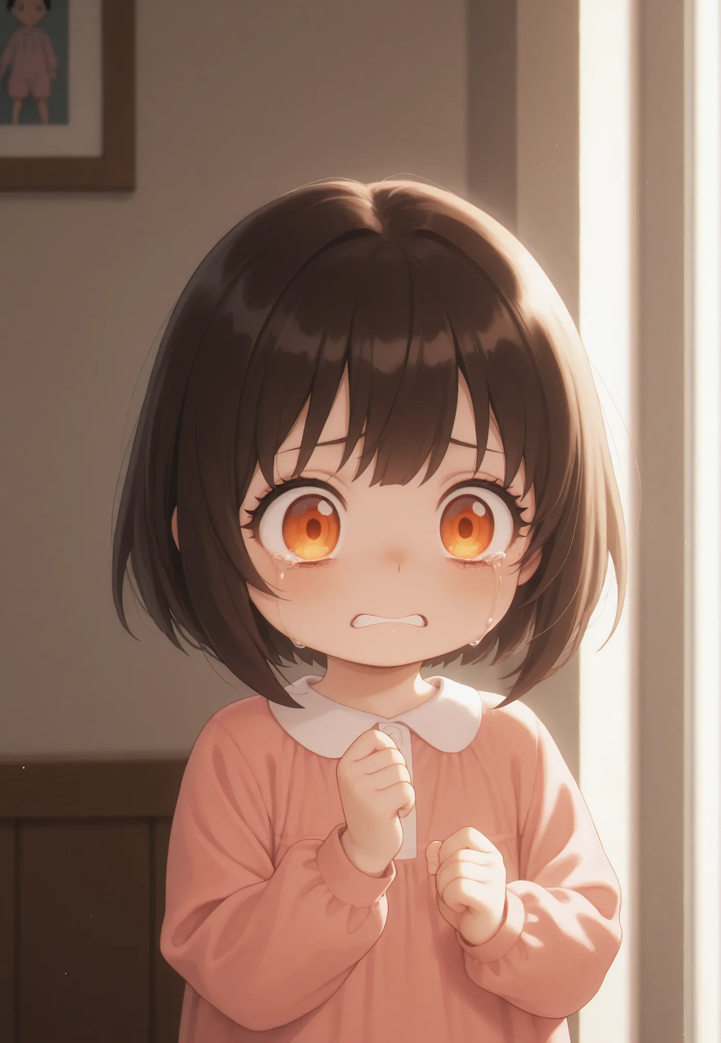 Masterpiece, better quality, newest, safe, good anatomy, good resolution, good lighting.  beautiful, anime, . Little girl, Dark Brown Hair and Short Hair. Intense Orange Eyes,  scared and crying. black eyelashes, piel clara. Adorable 6-8 month old baby. lo...
