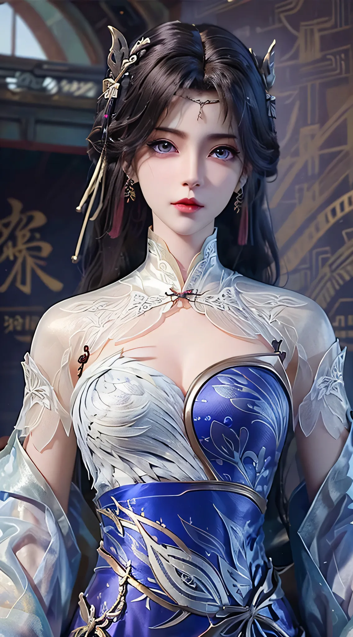 1 Beautiful Van Gogh girl in Hanfu, This 27 year old girl has the face of an old lady, Korean Doll, A light purple silk shirt with lots of white textures, White lace top, long platinum purple ponytail, Hair accessories, earring, Necklaces and necklaces , l...
