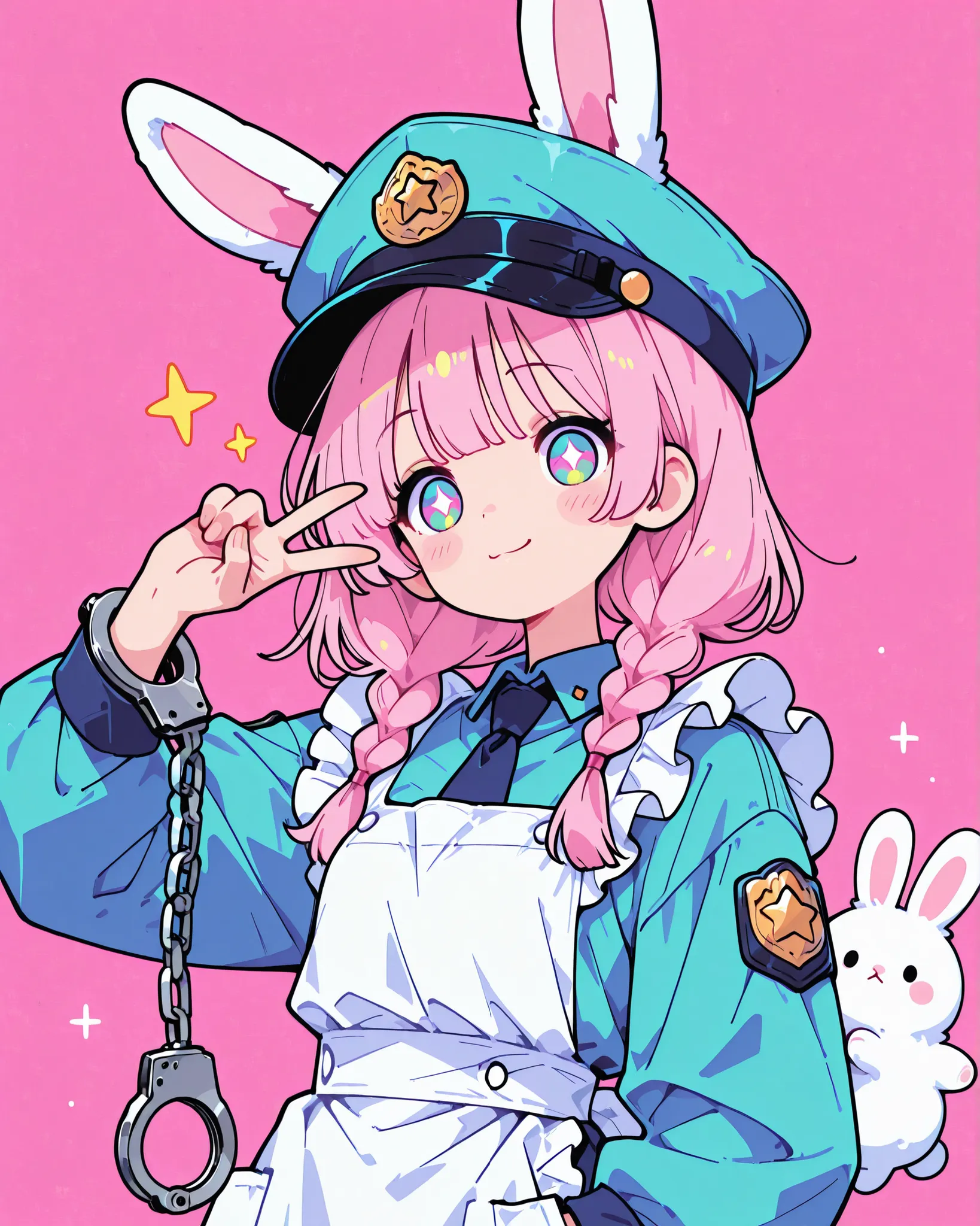 cute, wears a bright blue-green police uniform and a pure white ruffled maid apron　anime girl, wearing a police officer hat with fluffy rabbit ears. braids、She has straight hair with heavy bangs、He has a V sign on his chin、Digital Painting, I have one hand...