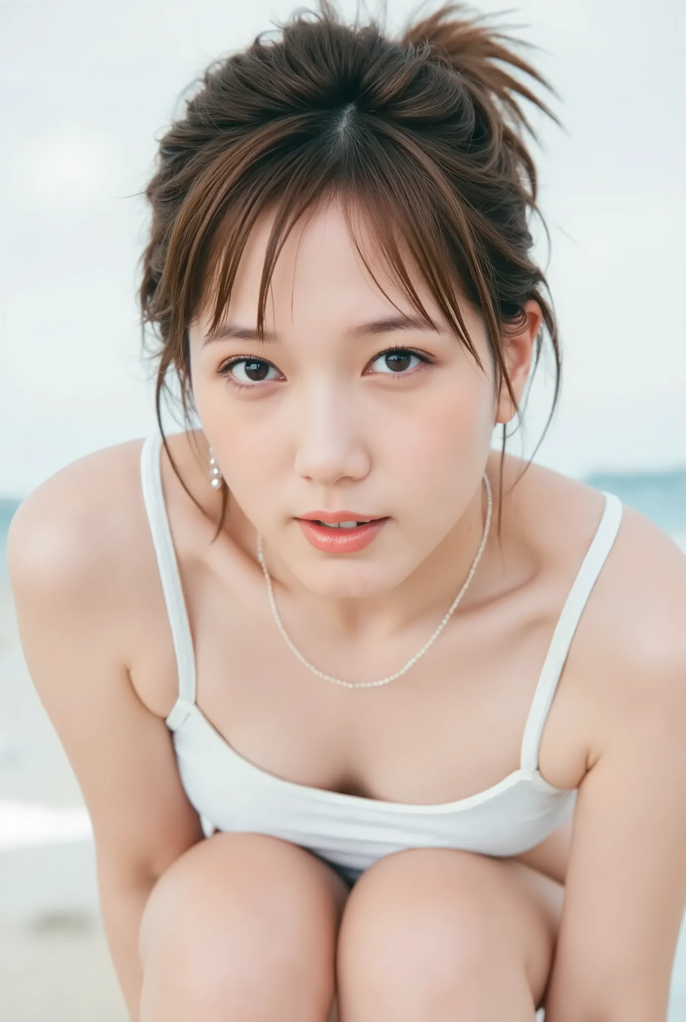 beautiful Japanese woman。A woman in no bikini is standing in an open stance。Nioh Riichi。 hand resting on waist 。 on the edge of the waves。Staring at viewers with a big smile showing teeth。Jet Black Hair。 low bun hair。very thin waist, no bra, no panties, no...