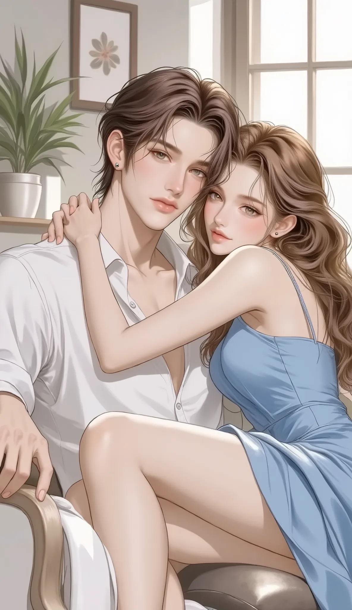     couple ,handsome guy,Cute girl, current , ผมสีดำ, black eyes, wearing a white shirt, sofaสีขาวสวนแบบไม่มีปุ่ม, Cute Pretty Girl ,   Wear a blue dress  , The girl lies on her shoulders lightly ,window, office,sofa,of bright colors