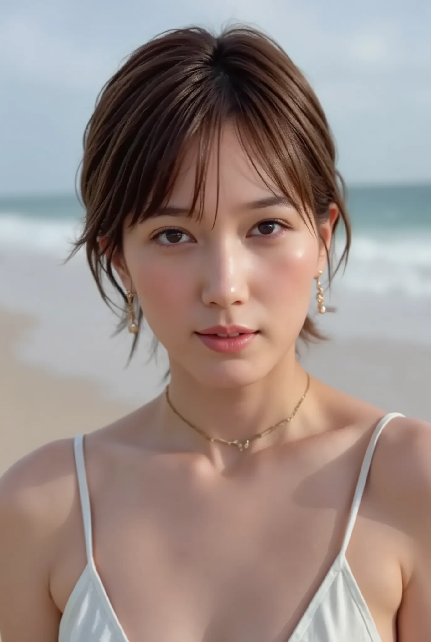 beautiful Japanese woman。A woman in no bikini is standing in an open stance。Nioh Riichi。 hand resting on waist 。 on the edge of the waves。Staring at viewers with a big smile showing teeth。Jet Black Hair。 low bun hair。very thin waist, no bra, no panties, no...