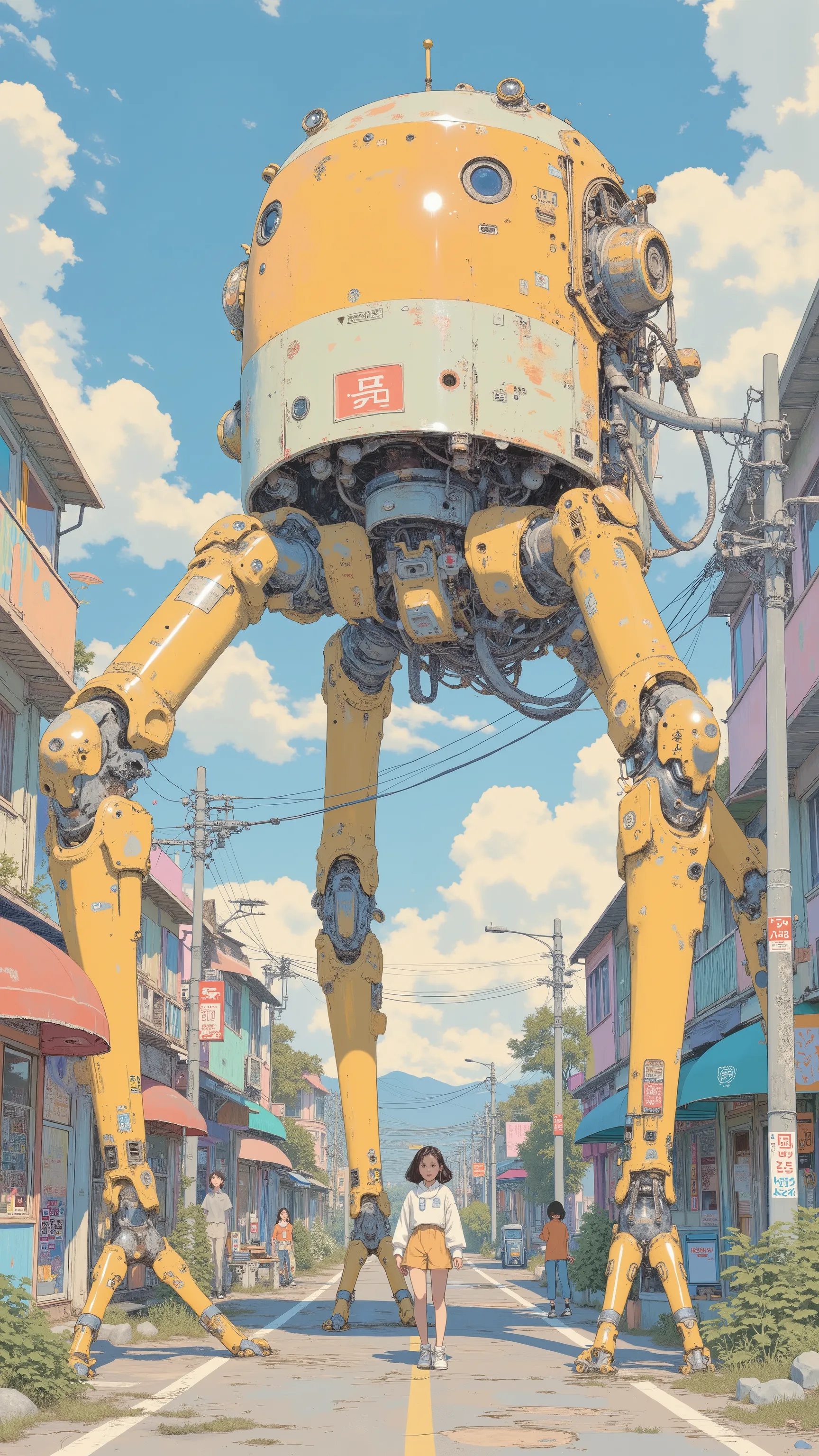 Multi-legged tourist robot, by Kentaro Miura, big!!!!!!!!!!!!, slice of life anime, happy!!!, anime style”, official art, an retro anime image, by Hiroshi Arakawa, anime!!!!, FLCL