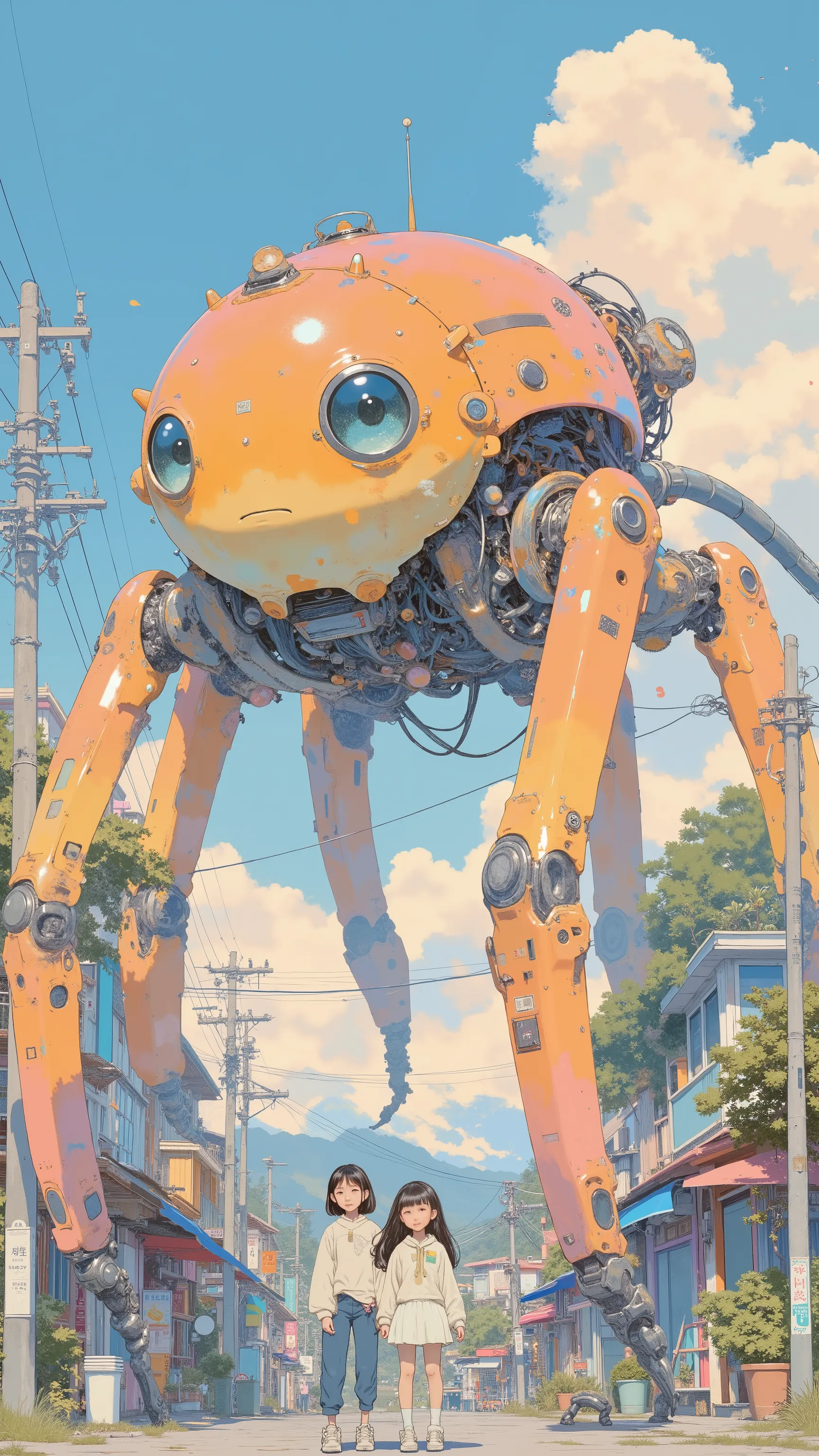 Multi-legged tourist robot, by Kentaro Miura, big!!!!!!!!!!!!, slice of life anime, happy!!!, anime style”, official art, an retro anime image, by Hiroshi Arakawa, anime!!!!, FLCL