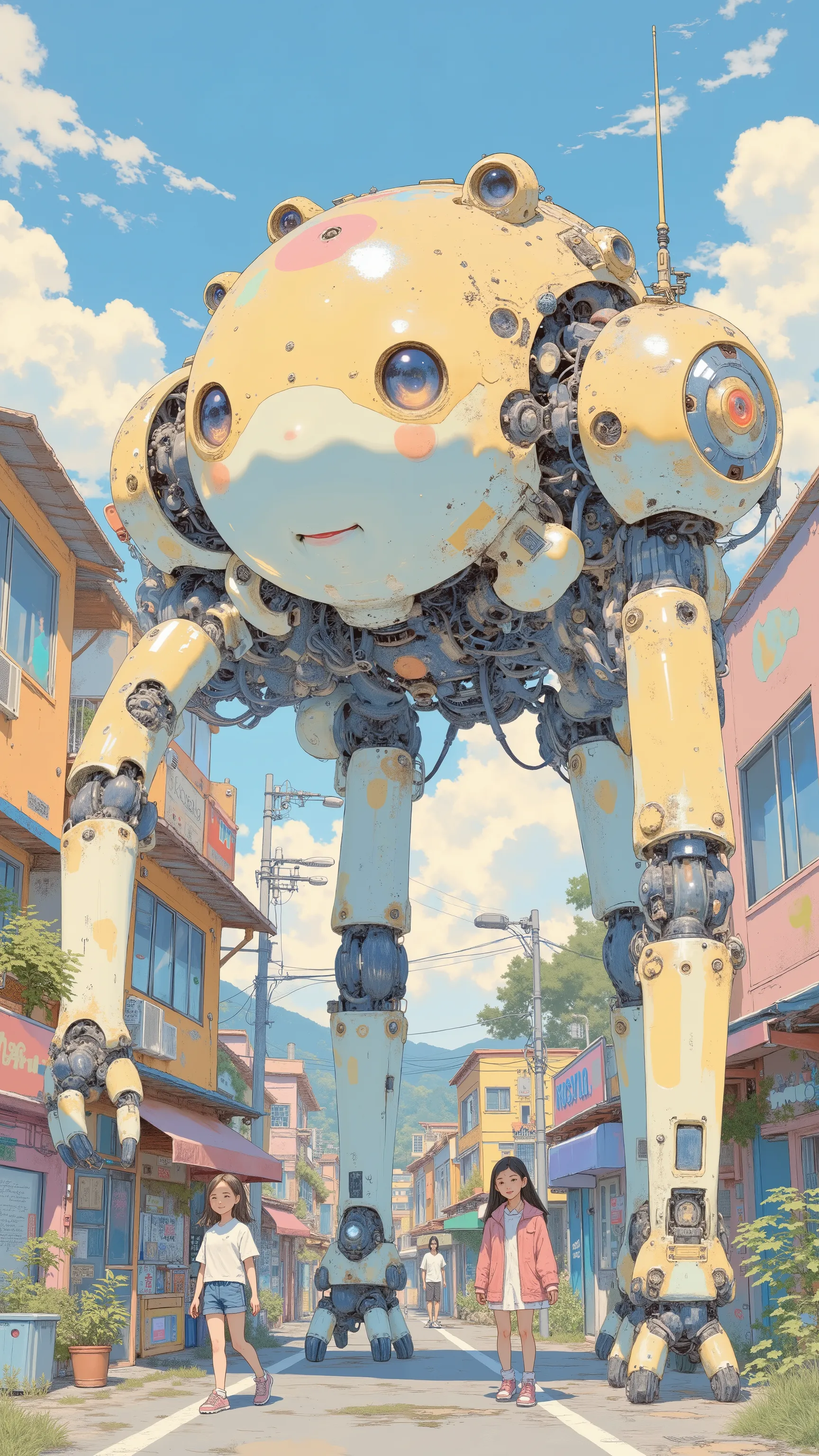 Multi-legged tourist robot, by Kentaro Miura, big!!!!!!!!!!!!, slice of life anime, happy!!!, anime style”, official art, an retro anime image, by Hiroshi Arakawa, anime!!!!, FLCL