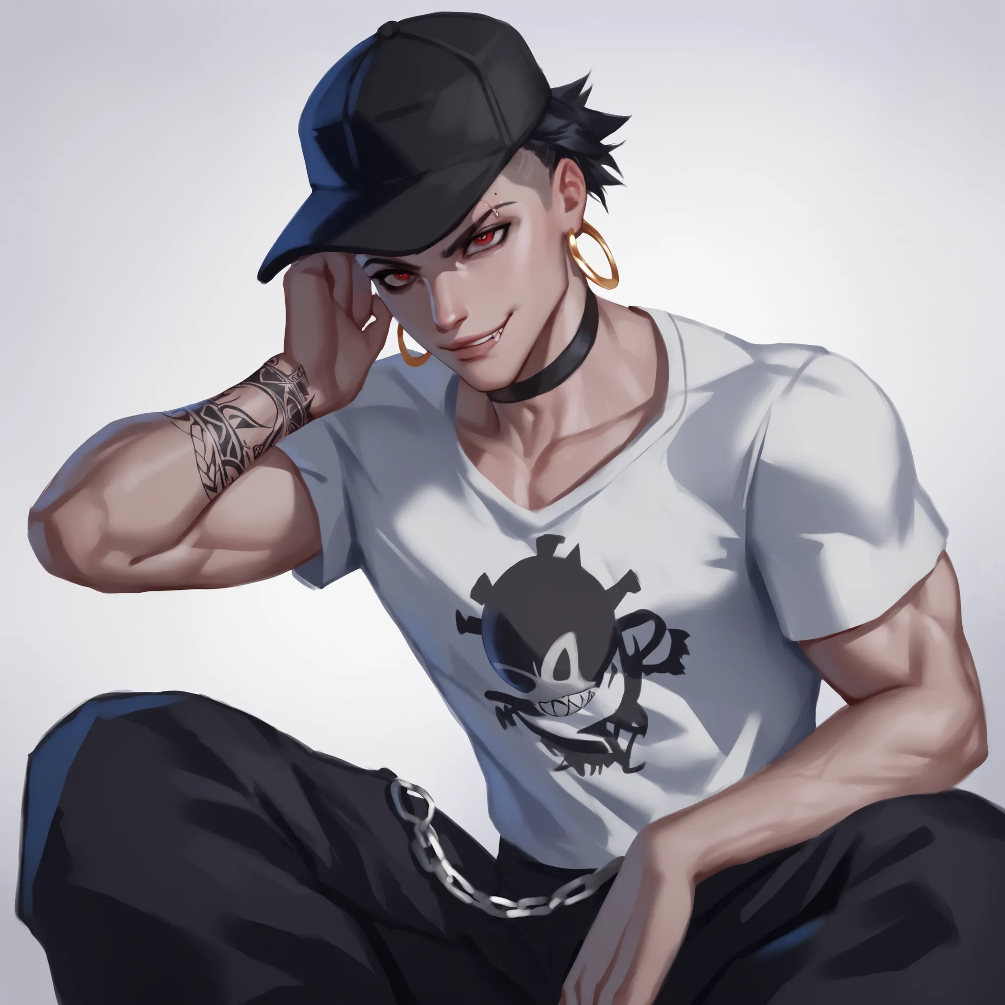 high quality, photograph, ultra-detailed, 1 boy, solo, high angle view with perspective, white clean background, street style, baggy black cargo pants with multiple pockets and drawstrings, heavy silver chains dangling from waist, loose white Supreme t-shi...