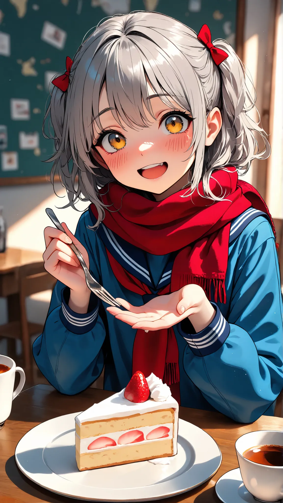 masterpiece, high res, top quality, One Girl, Cute High School Student, cute girl, Classical navy blue sailor suit,red scarf, cute hair bow , happy, Melting Expression, ash grey hair, eats cake, Blush, with freshly eaten shortcake and tea on the table, sho...