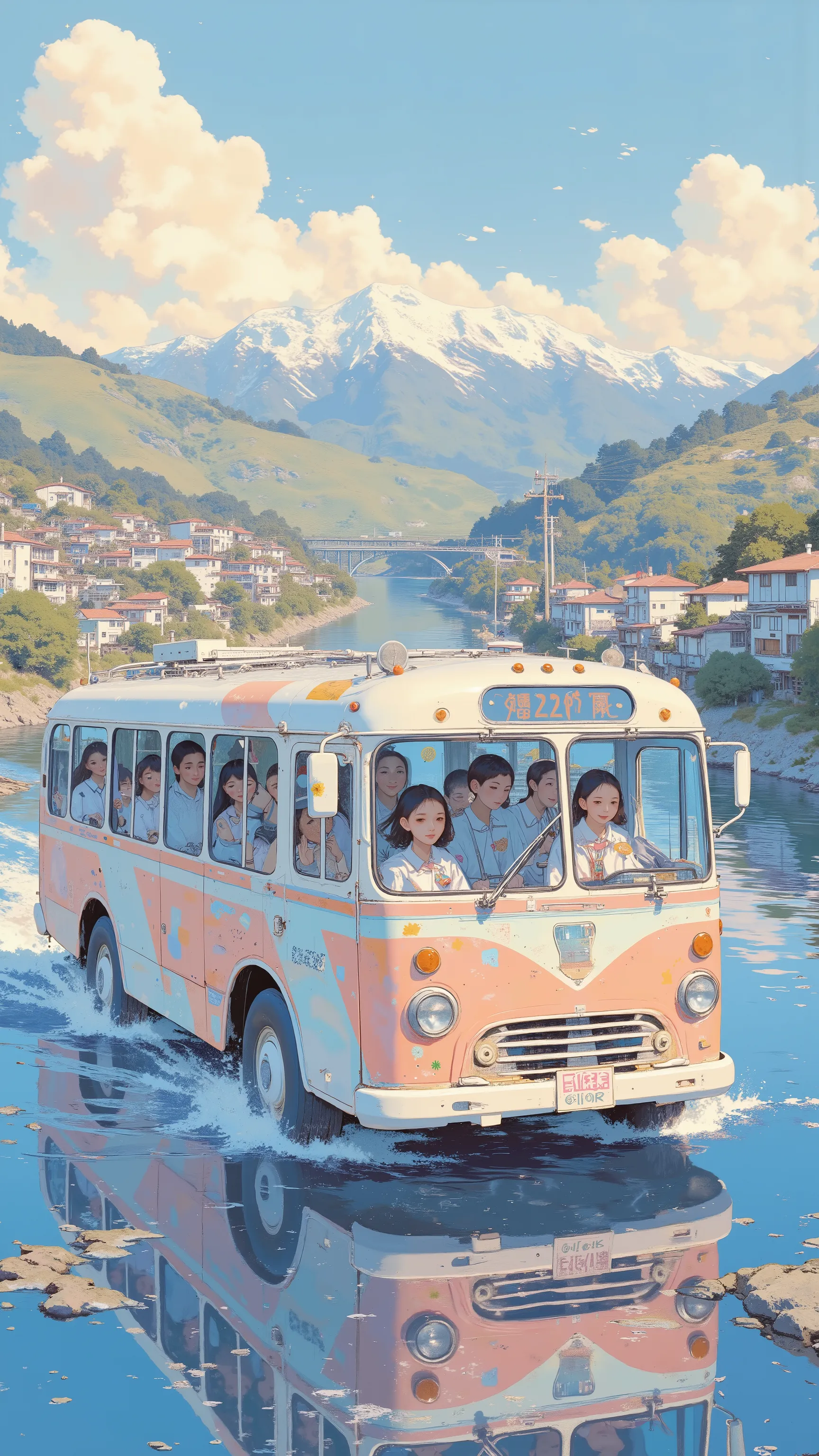 Amphibious Sightseeing Bus, by Kentaro Miura, big!!!!!!!!!!!!, slice of life anime, happy!!!, anime style”, official art, an retro anime image, by Hiroshi Arakawa, anime!!!!, FLCL