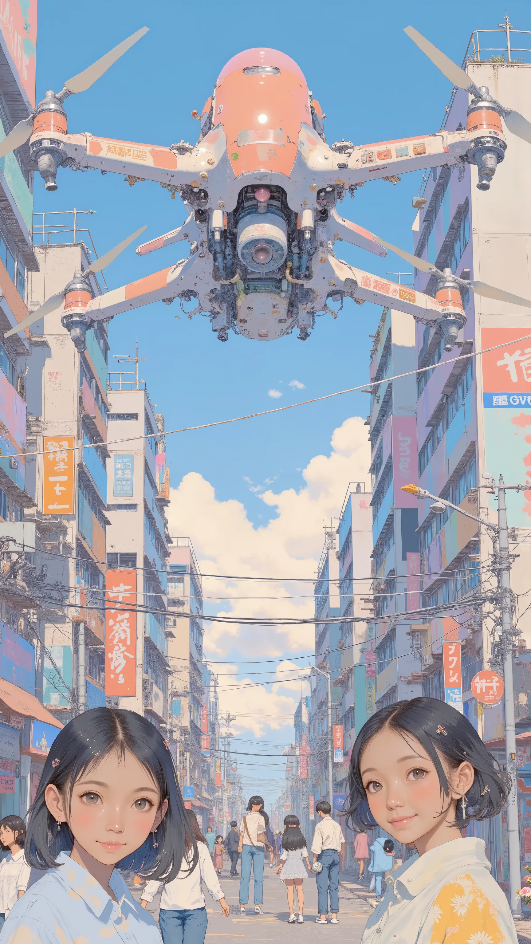 Large tourist drone, by Kentaro Miura, big!!!!!!!!!!!!, slice of life anime, happy!!!, anime style”, official art, an retro anime image, by Hiroshi Arakawa, anime!!!!, FLCL
