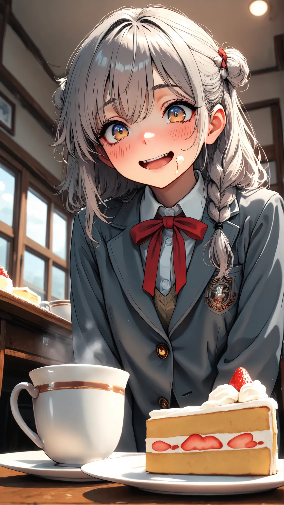 masterpiece, high res, top quality, One Girl, Cute High School Student, cute girl, Classical gray blazer,red ribbon from below, happy, Melting Expression, ash grey hair, eats cake, Blush, with freshly eaten shortcake and tea on the table, shortcakes are dw...