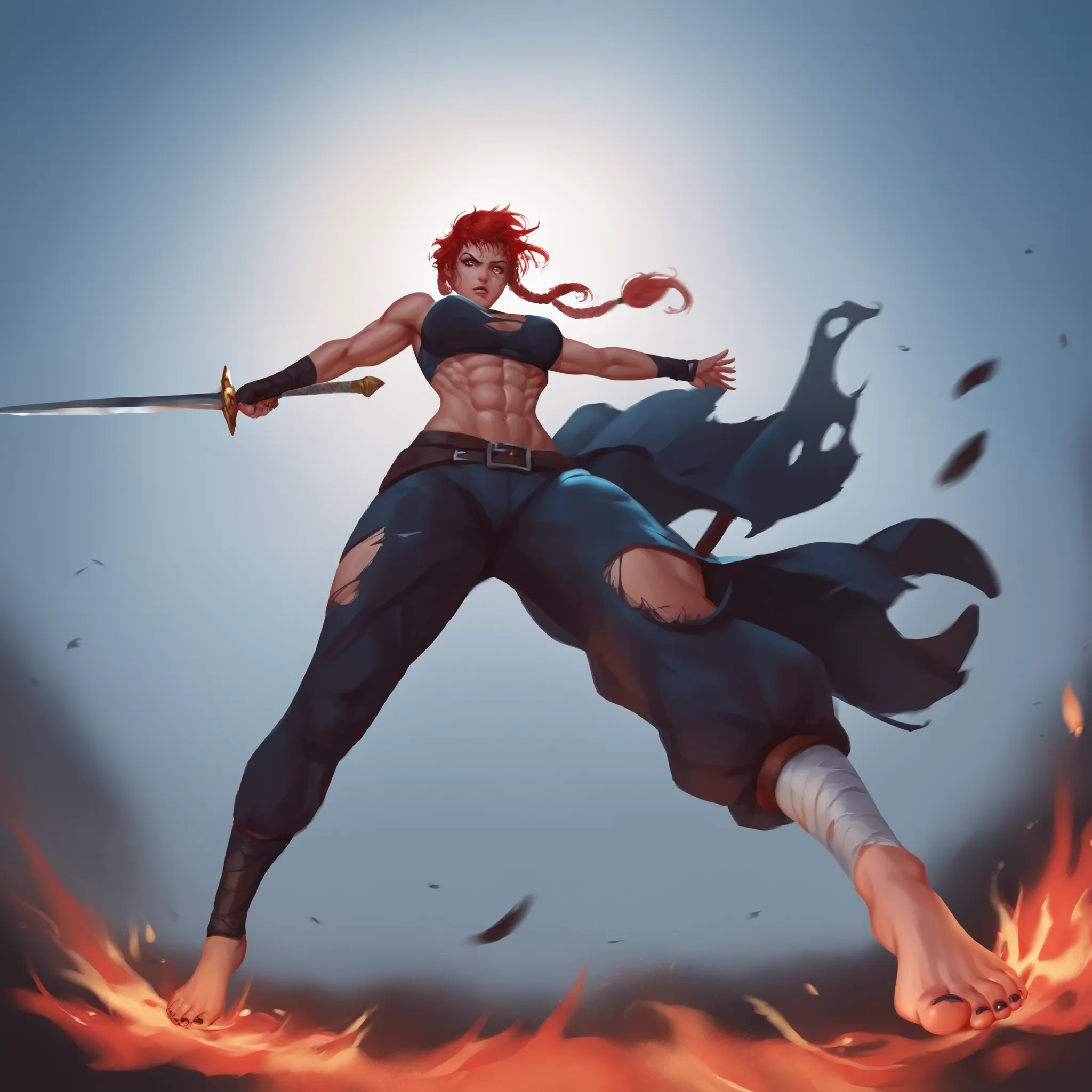 fierce female warrior, red long messy hair, glowing amber eyes, barefoot, anatomically correct feet, glossy black toenails, wrapped hands in dirty bandages, simple torn clothing, exposed abs, muscular and toned body, huge greatsword, massive fantasy sword ...