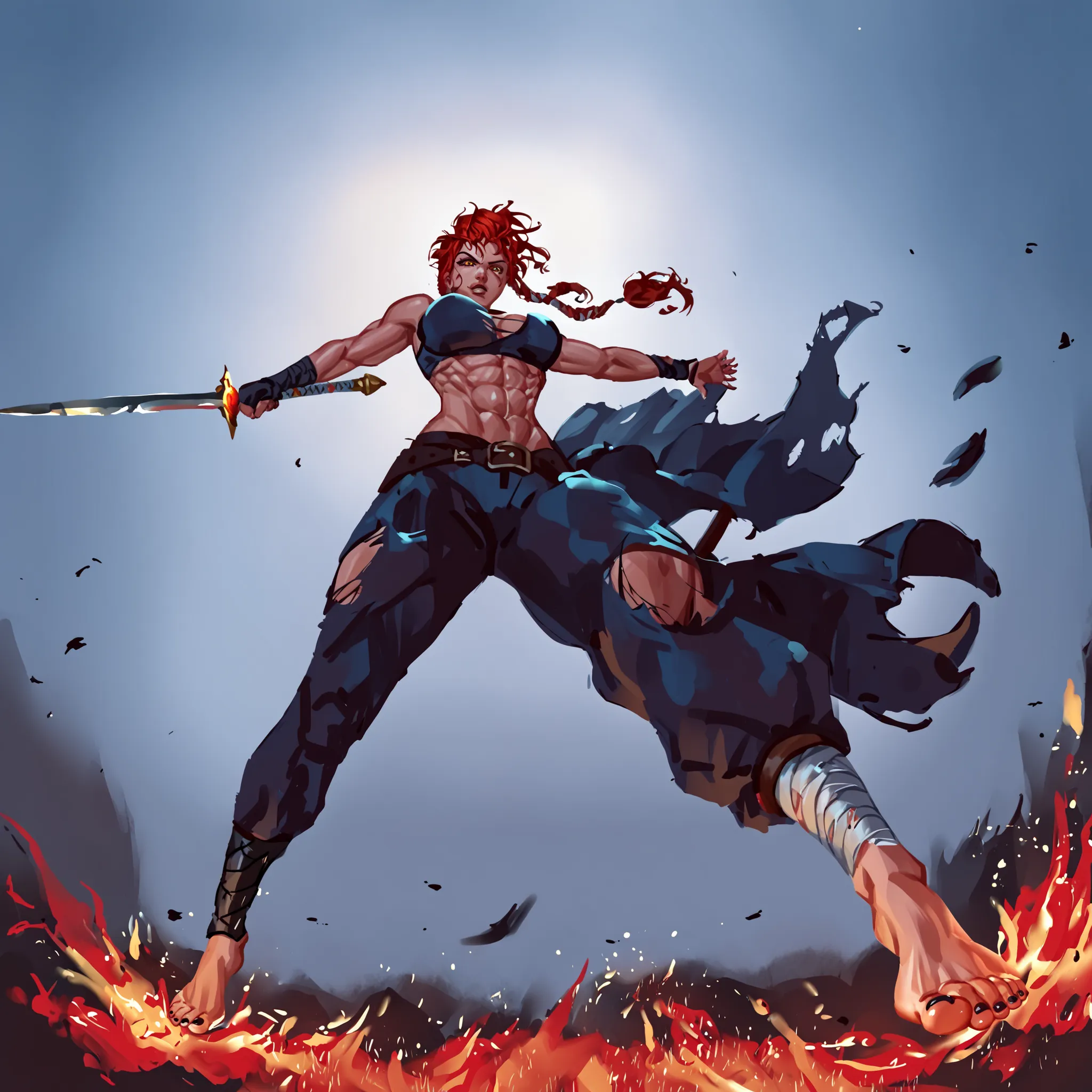 fierce female warrior, red long messy hair, glowing amber eyes, barefoot, anatomically correct feet, glossy black toenails, wrapped hands in dirty bandages, simple torn clothing, exposed abs, muscular and toned body, huge greatsword, massive fantasy sword ...