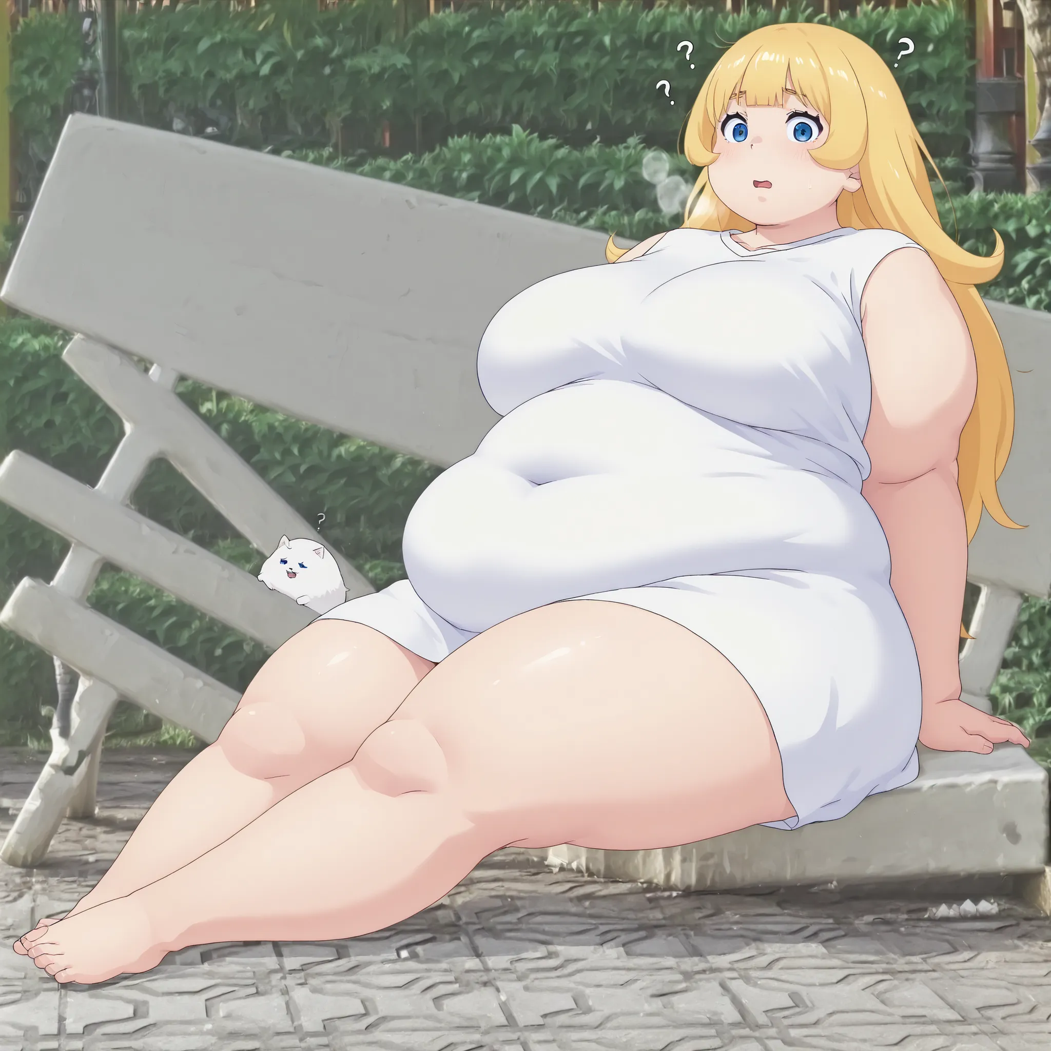 HimesamaHime, blue eyes, long hair, blunt bangs, sidelocks, blonde hair,(masterpiece, high quality, amazing detail), highres, 1girl,,  ,, confused, open mouth, look at viewer, stone bench,  fat, chubby, obese, gigantic arms and legs, large breasts open mou...