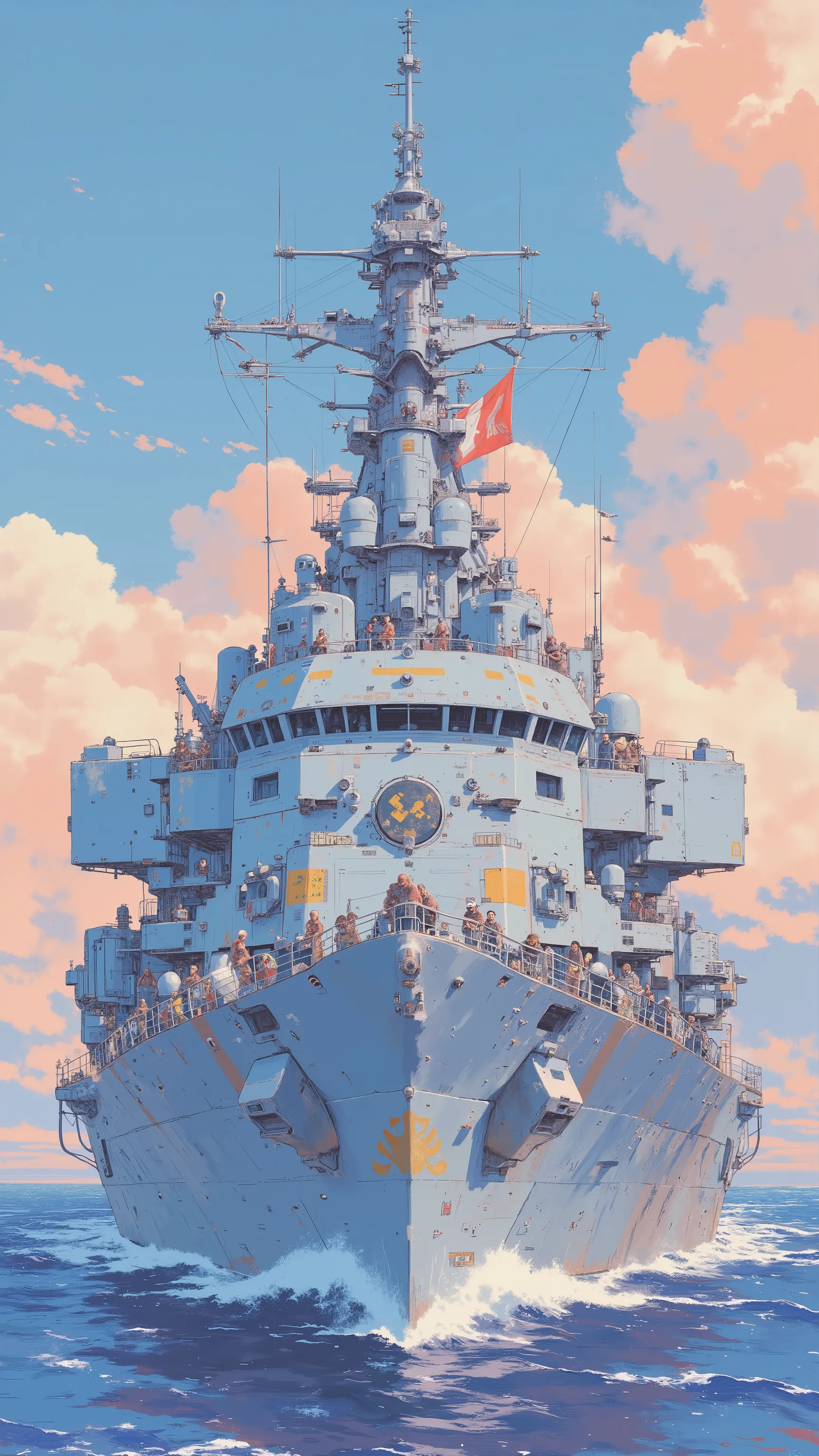 A warship that hunts down Godzilla, by Kentaro Miura, big!!!!!!!!!!!!, slice of life anime, happy!!!, anime style”, official art, an retro anime image, by Hiroshi Arakawa, anime!!!!, FLCL
