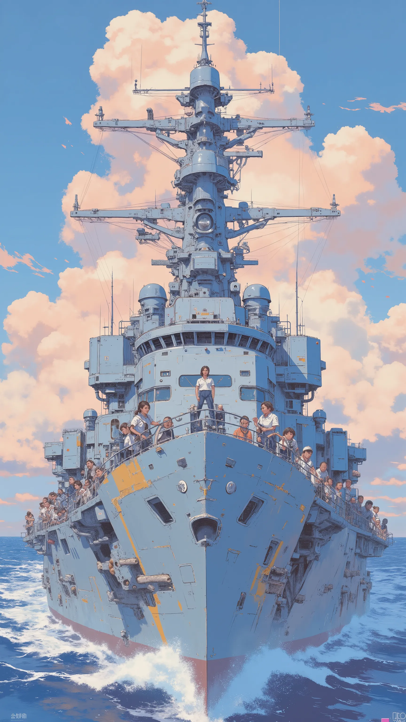 A warship that hunts down Godzilla, by Kentaro Miura, big!!!!!!!!!!!!, slice of life anime, happy!!!, anime style”, official art, an retro anime image, by Hiroshi Arakawa, anime!!!!, FLCL