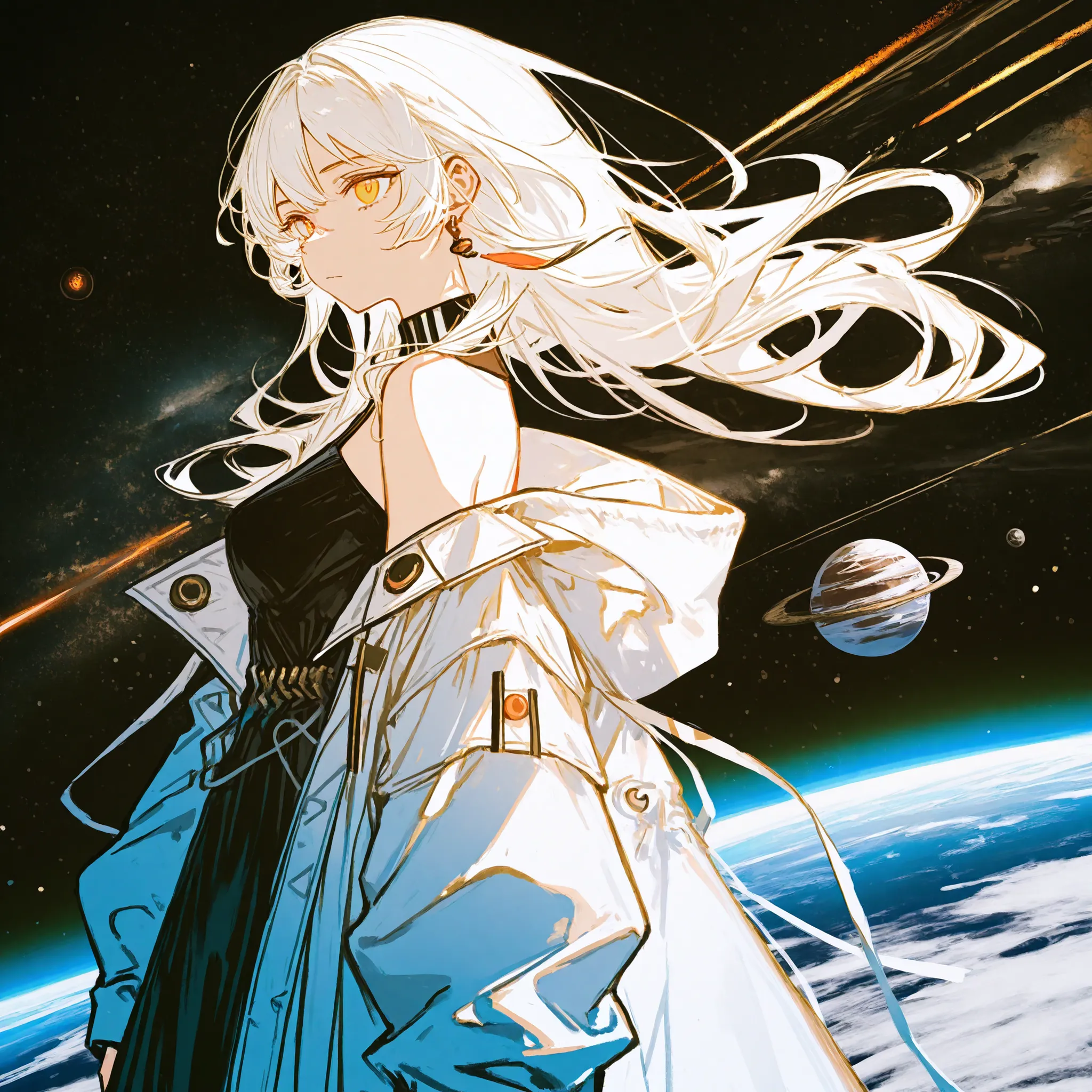 usnr, detailed background, planet, meteor, universe, solo, long hair, back to viewer, long sleeves, dress, closed mouth, long hair, floating hair, medium breasts, yellow eyes, melanchol, standing, jacket, baggy clothes, white hair, open clothes, hood, bl...