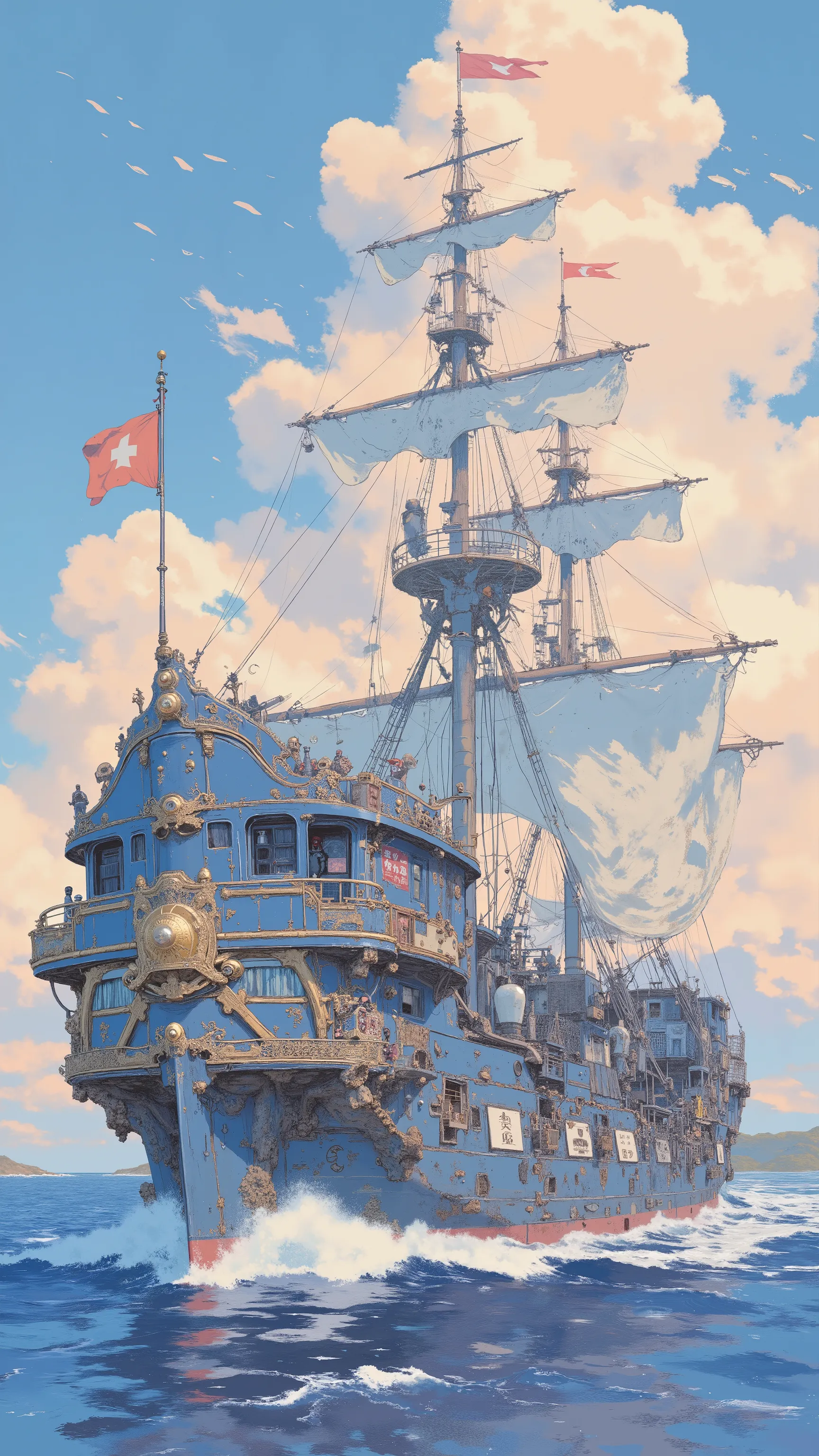 A medieval pirate ship encounters a Self-Defense Force battleship、by Kentaro Miura, big!!!!!!!!!!!!, slice of life anime, happy!!!, anime style”, official art, an retro anime image, by Hiroshi Arakawa, anime!!!!, FLCL