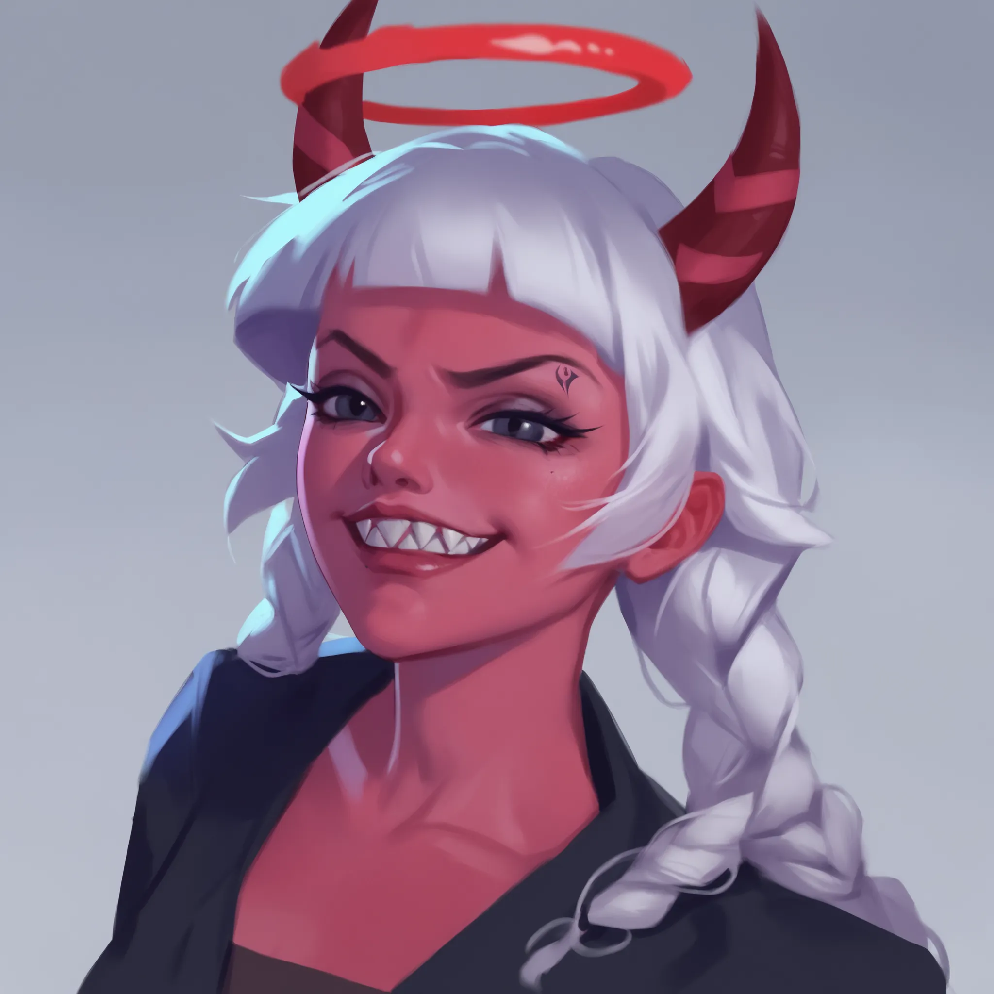 A smug and commanding presence, she stands at 5'6", exuding an aura of power and mischief. Her white hair cascades like silk, contrasting sharply against her deep red skin. A set of long, dark red horns curve upward, framing her wickedly sharp shark-like t...