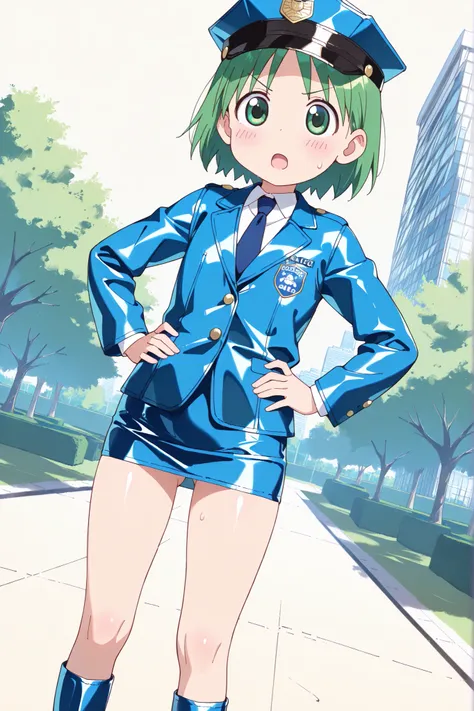 (((anime style))),nsfw,score_9, score_8_up, score_7_up,masterpiece, best quality,ultra detail,1girl,((solo)),yasuna oribe,koiwai yotsuba,hair down , short hair , green hair,(green eyes),(round eyes),((park lawn)),((blue Police Uniform)),(police hat),(((blu...