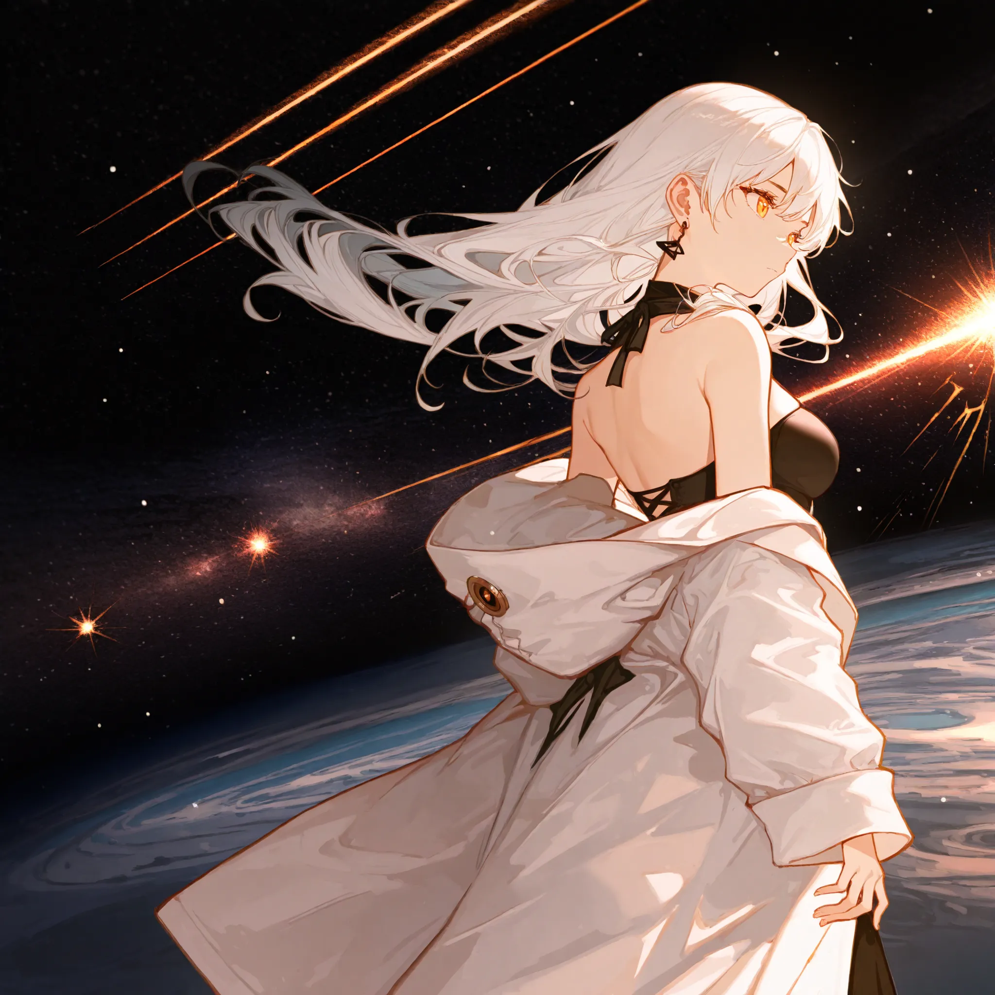 usnr, detailed background, planet, meteor, universe, solo, long hair, back to viewer, long sleeves, dress, closed mouth, long hair, floating hair, medium breasts, yellow eyes, melanchol, standing, jacket, baggy clothes, white hair, open clothes, hood, bla...