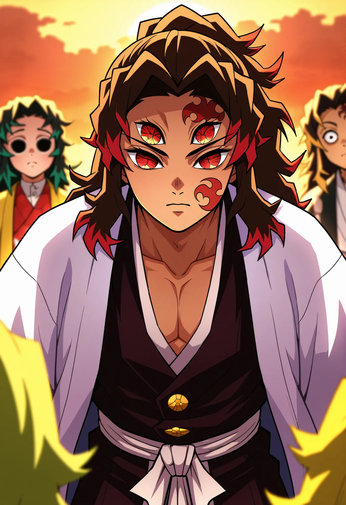 Demon Slayer, postura_7 melhor qualidade, , anime screenshot, , estilo oficial, , depth of field, personagem afastado, 1 menino, only, foco masculino, levemente moreno, athletic, 1 menino, 16 anos, jovem, cabelo vermelho, without pupils in the eyes, dark r...