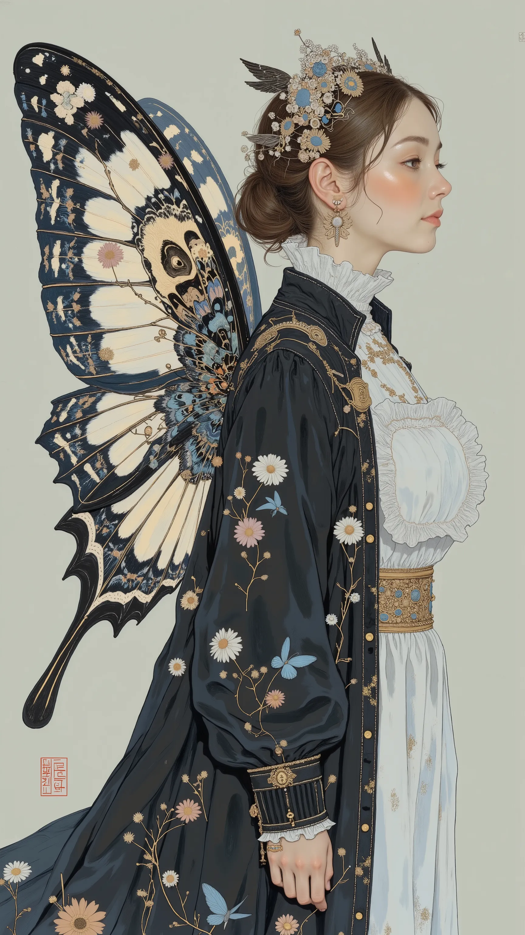 profile 、Profile、 forward bending position with jacket、Women's Carafe Butterfly Costume in a Black and White Dress, Exquisite and Handsome Feathers , Butterfly Wings, big, Beautifully open wings , Extremely Intricate Feathers !, with big wings ...