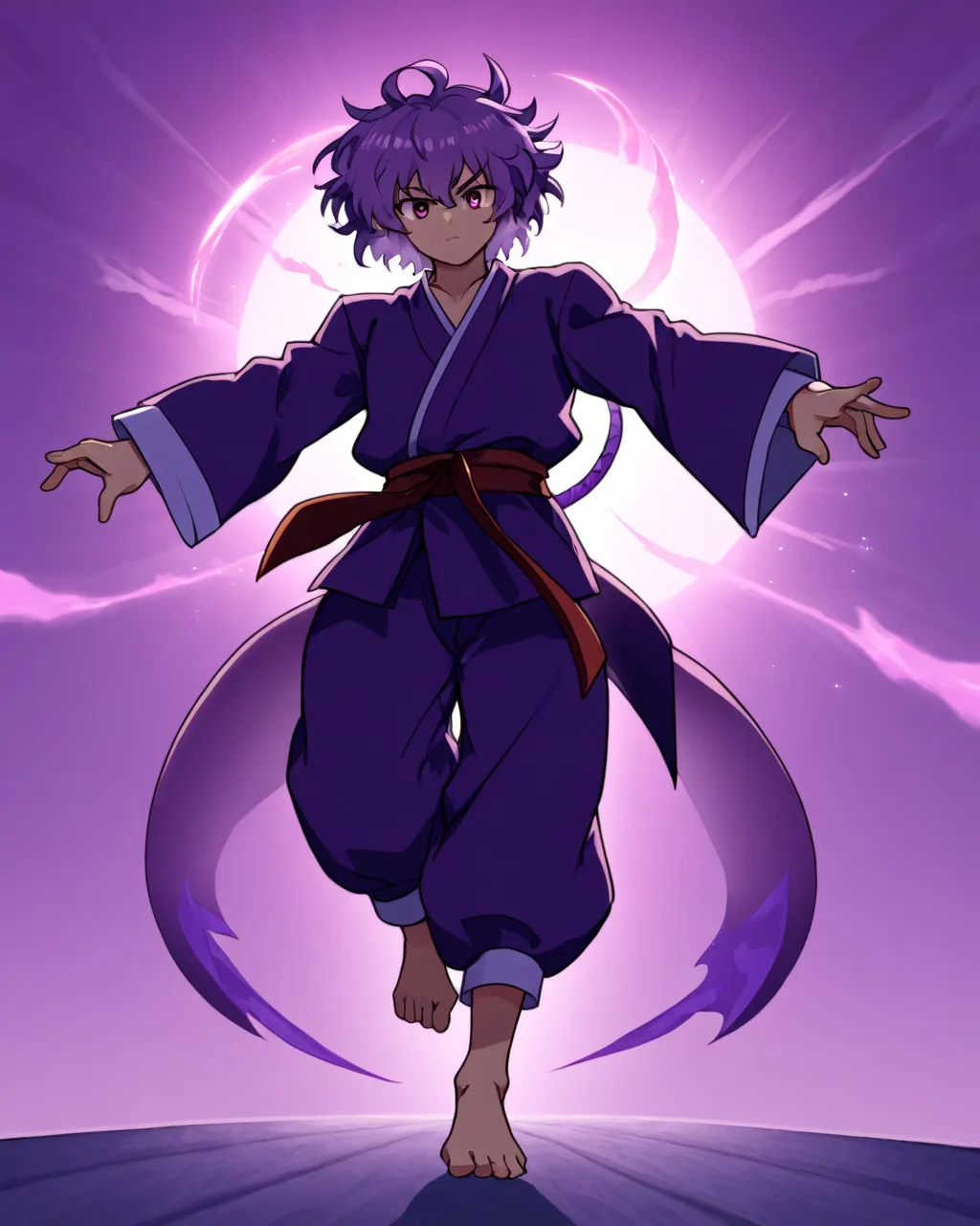 (((Touhou Character)))Desrakano Anlgoku,1men,Tall,underweight,black,Very Baggylong sleeves Martial Arts Outfit,Short Straight Hair(((Voluneme Magic Perm))),The Bangs fall down to the eyebrows,Eyebrow visible through bangs,Walking forward,Purple Dragon's Aura,Purple Sky,The figure of a purple oriental dragon behind
