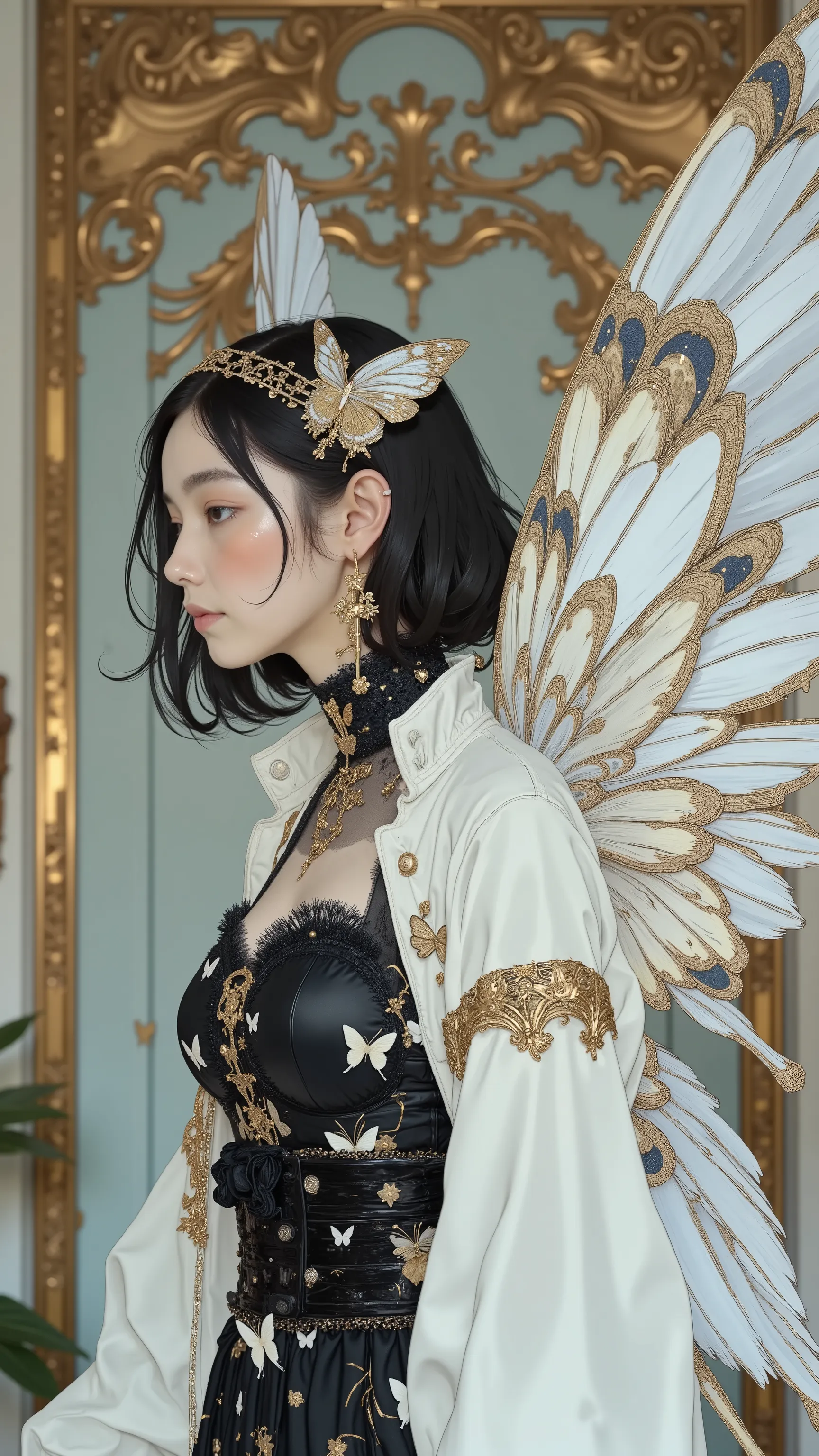 profile 、Profile、 forward bending position with jacket、Women's Carafe Butterfly Costume in a Black and White Dress, Exquisite and Handsome Feathers , Butterfly Wings, big, Beautifully open wings , Extremely Intricate Feathers !, with big wings ...